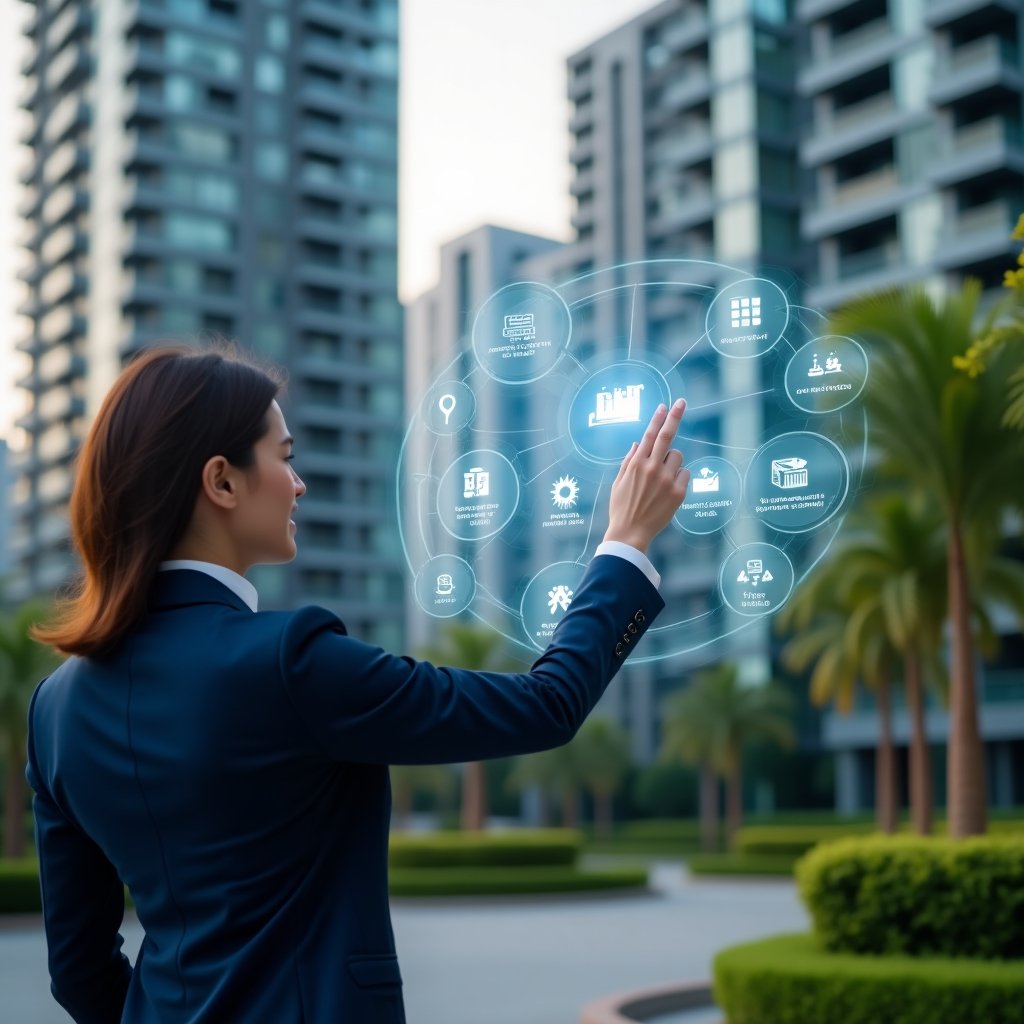 Ultra-realistic condominium property manager in a navy blue executive suit, set in a modern luxury condominium environment with high-rise buildings and lush green landscaping, medium close-up of a confident professional tapping and gesturing at a floating holographic interface displaying icons for finance control, contract management, maintenance scheduling, resident communication and energy consumption analysis, cinematic lighting, shallow depth of field, highly detailed textures, realistic skin, photographic realism, 8k resolution --ar 1:1 --v 6