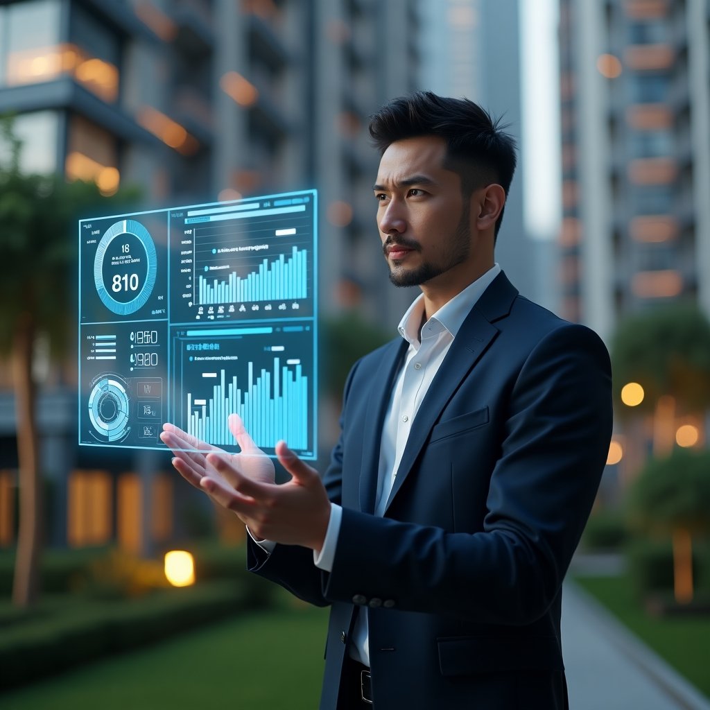Ultra-realistic condominium manager in a dark navy executive suit, set in a modern luxury condominium environment with high-rise buildings and meticulously landscaped gardens, standing in a medium shot and confidently analyzing floating holographic performance charts, glowing KPI icons and bar graphs symbolizing resident satisfaction, cost optimization, response time and productivity metrics, cinematic lighting, shallow depth of field, highly detailed textures, realistic skin, photographic realism, 8k resolution --ar 1:1 --v 6