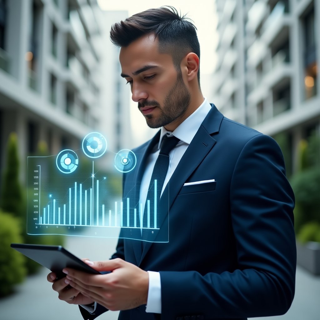 Ultra-realistic condominium manager in a tailored navy-blue suit, set in a modern luxury condominium environment with high-rise buildings and lush green landscaping, holding a digital tablet and analyzing floating holographic bar charts and pie graphs representing key financial indicators, confident and focused expression, cinematic lighting, shallow depth of field, highly detailed textures, realistic skin, photographic realism, 8k resolution --ar 1:1 --v 6