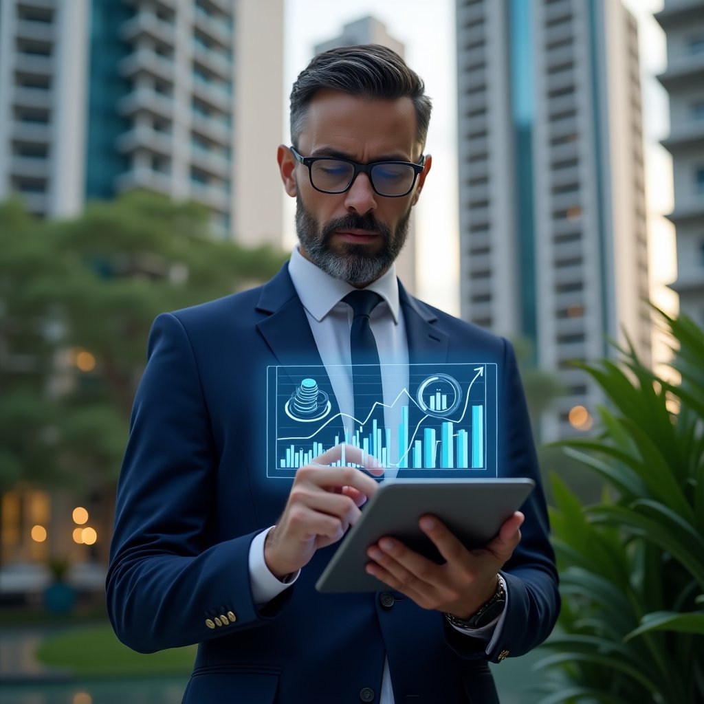 Ultra-realistic condominium manager in a navy blue executive suit, set in a modern luxury condominium environment with high-rise buildings and lush green landscaping, reviewing a tablet projecting a holographic budget chart with coin and graph icons, pointing confidently at the data with a focused expression, cinematic lighting, shallow depth of field, highly detailed textures, realistic skin, photographic realism, 8k resolution --ar 1:1 --v 6