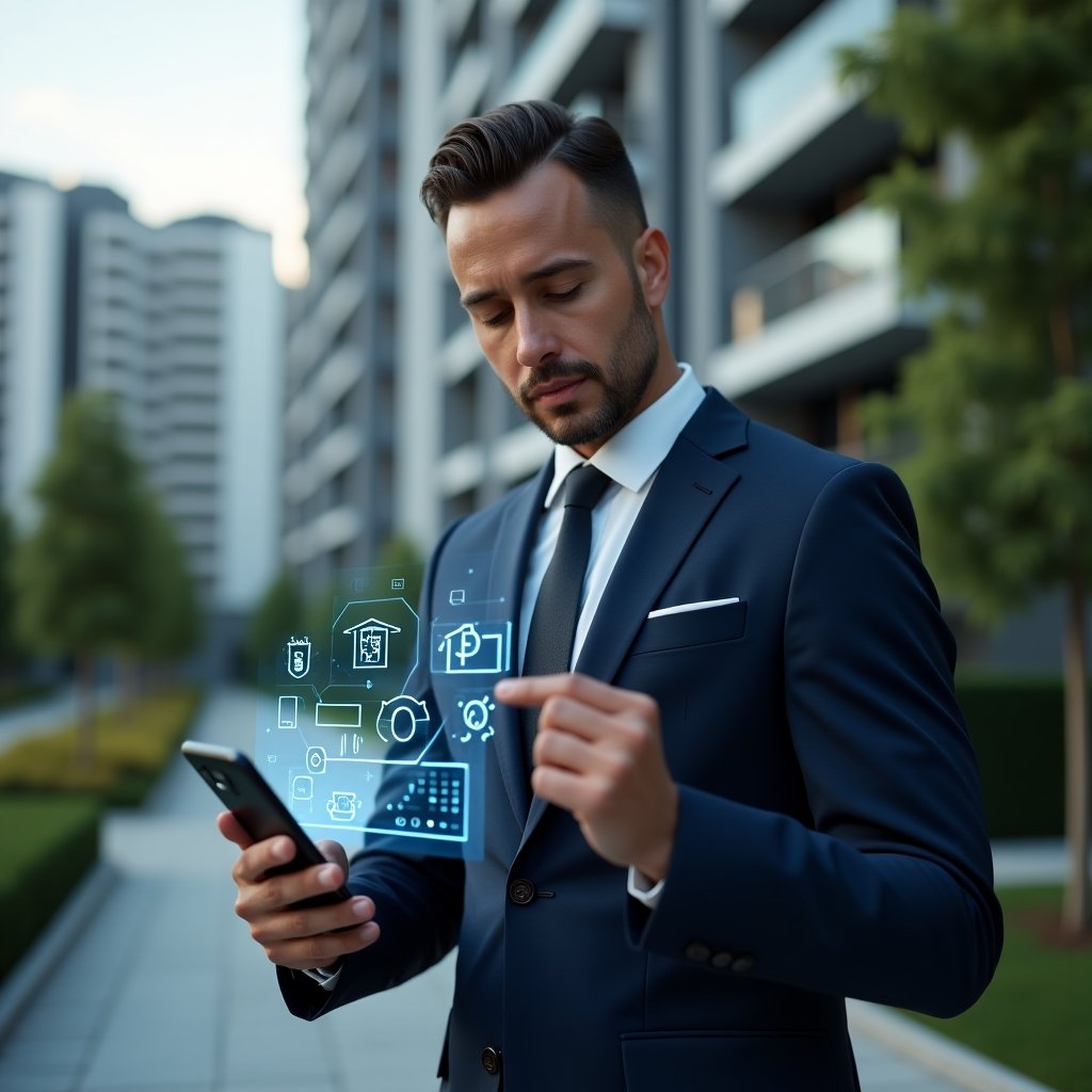 (Ultra-realistic condominium manager in a navy executive suit, set in a modern luxury condominium environment with high-rise buildings and manicured green landscaping, holding a smartphone projecting a holographic dashboard of an “aplicativo para condomínio” with icons for finance, maintenance and messaging, confidently pointing at the interface, cinematic lighting, shallow depth of field, highly detailed textures, realistic skin, photographic realism, 8k resolution --ar 1:1 --v 6)