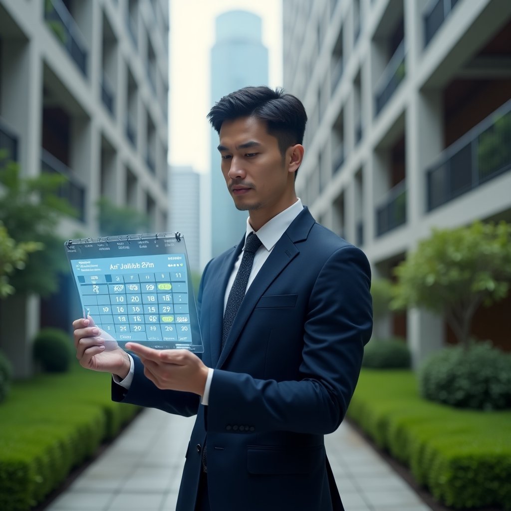 (Ultra-realistic condominium manager in a tailored navy suit, set in a modern luxury condominium environment with high-rise buildings and manicured green landscaping, examining a floating holographic calendar with highlighted maintenance and event icons, confident and focused expression, cinematic lighting, shallow depth of field, highly detailed textures, realistic skin, photographic realism, 8k resolution --ar 1:1 --v 6)