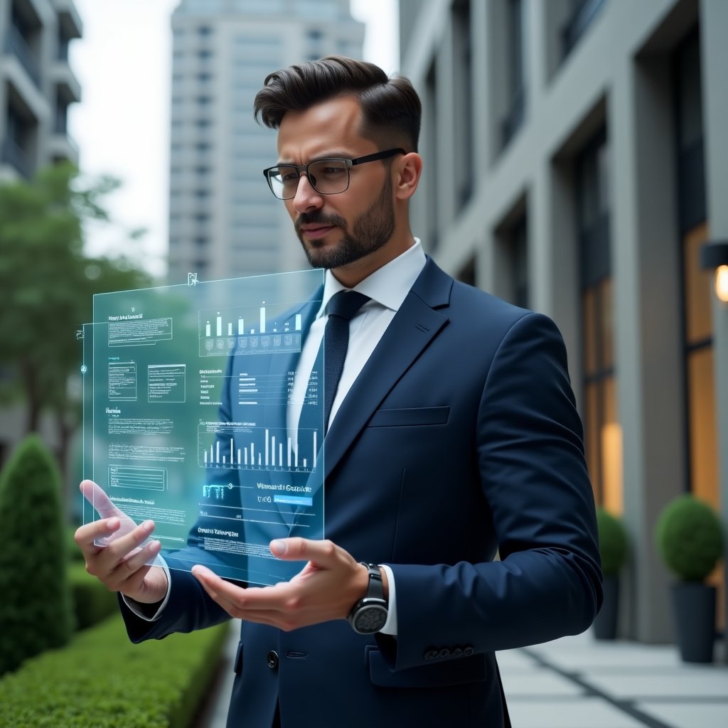 (Ultra-realistic condominium manager in a dark blue tailored suit, set in a modern luxury condominium environment with high-rise buildings and manicured green landscaping, examining a floating holographic financial report with charts and graphs, confident and focused expression, subtle icons of financial documents and checkmarks surrounding them, cinematic lighting, shallow depth of field, highly detailed textures, realistic skin, photographic realism, 8k resolution --ar 1:1 --v 6)