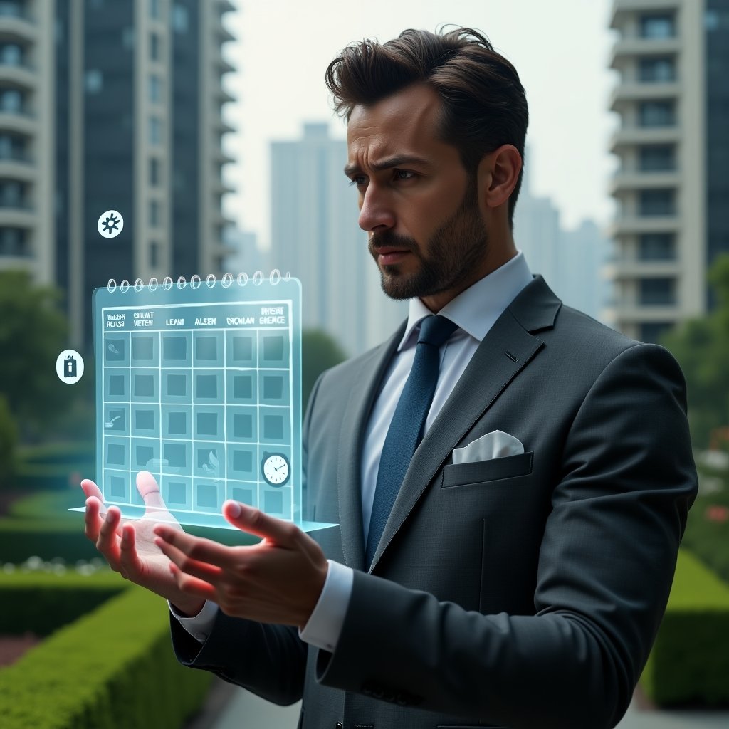(Ultra-realistic condominium manager in a charcoal gray executive suit, set in a modern luxury condominium environment with high-rise buildings and manicured green landscaping, holding and analyzing a holographic floating calendar with task icons for repairs, cleaning and administration, looking thoughtfully at the schedule, subtle worried expression, floating translucent icons of a wrench, broom and clock around the hologram, cinematic lighting, shallow depth of field, highly detailed textures, realistic skin, photographic realism, 8k resolution --ar 1:1 --v 6)