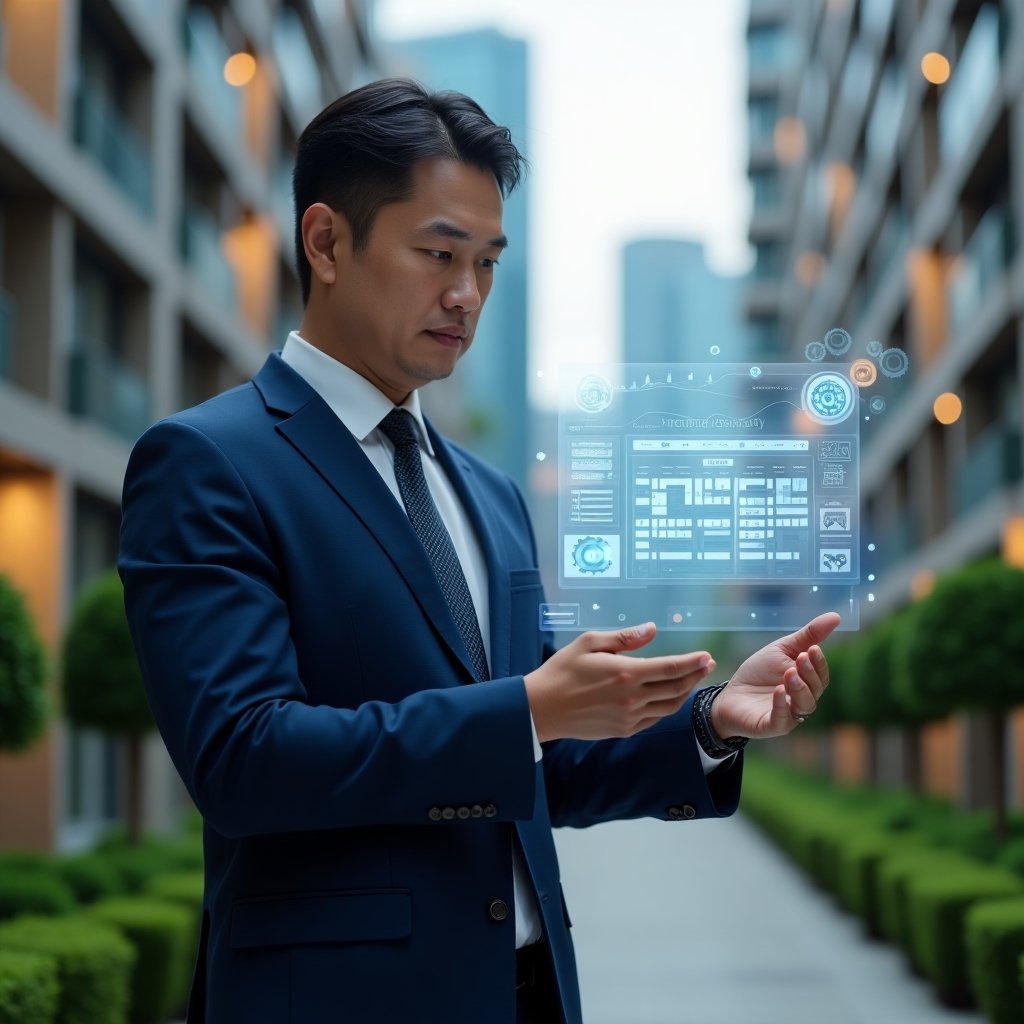 (Ultra-realistic condominium manager in a navy executive suit, set in a modern luxury condominium environment with high-rise buildings and manicured green landscaping, medium shot of a focused professional holding a transparent holographic schedule display and analyzing a digital maintenance calendar with floating gears and checkmark icons, cinematic lighting, shallow depth of field, highly detailed textures, realistic skin, photographic realism, 8k resolution --ar 1:1 --v 6)