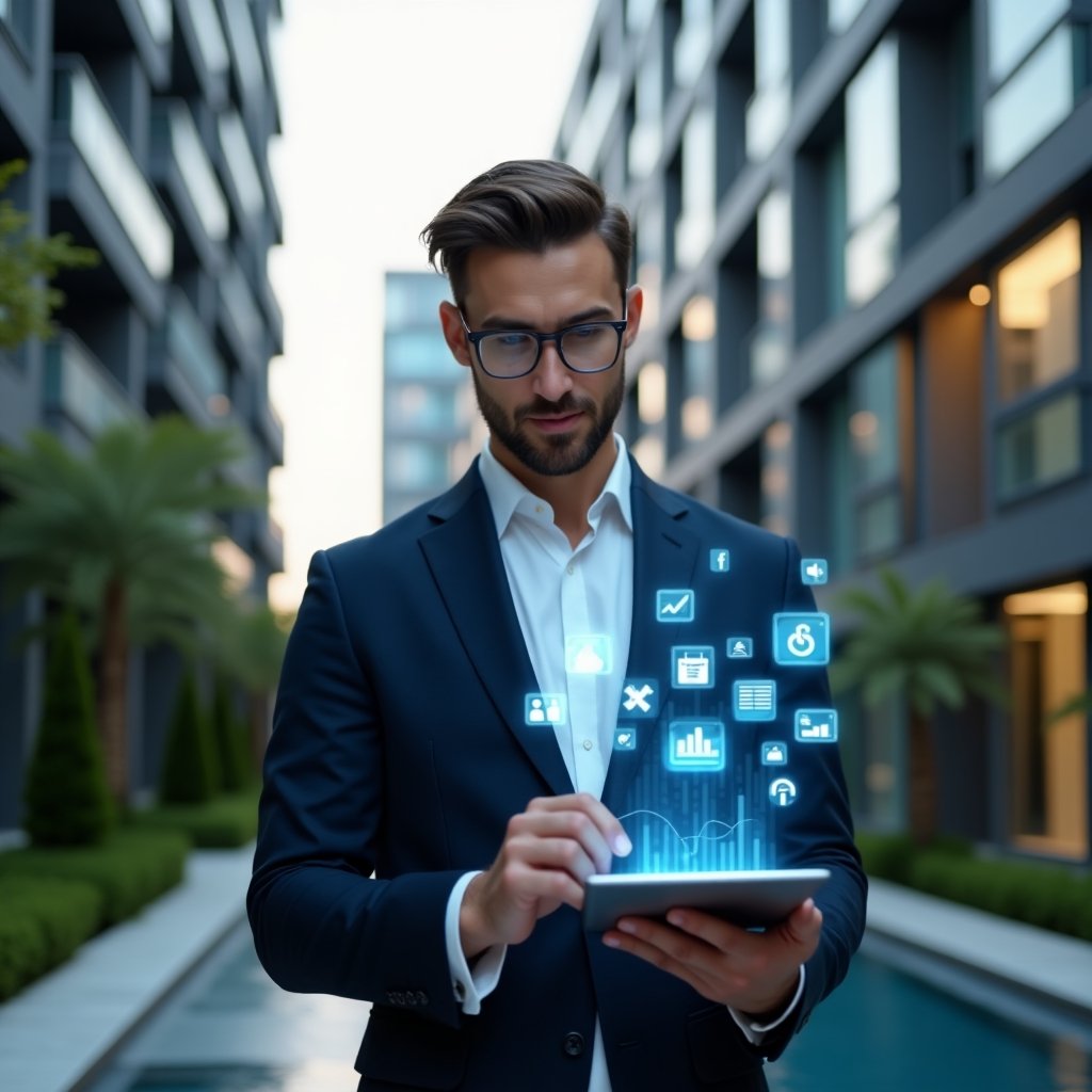 (Ultra-realistic condominium manager in a navy blue suit, set in a modern luxury condominium environment with high-rise buildings and manicured green landscaping, holding a tablet displaying holographic icons of notifications, calendar and financial charts, confidently analyzing the digital interface to highlight “5 signs you need a management app,” futuristic hologram elements floating around, cinematic lighting, shallow depth of field, highly detailed textures, realistic skin, photographic realism, 8k resolution --ar 1:1 --v 6)