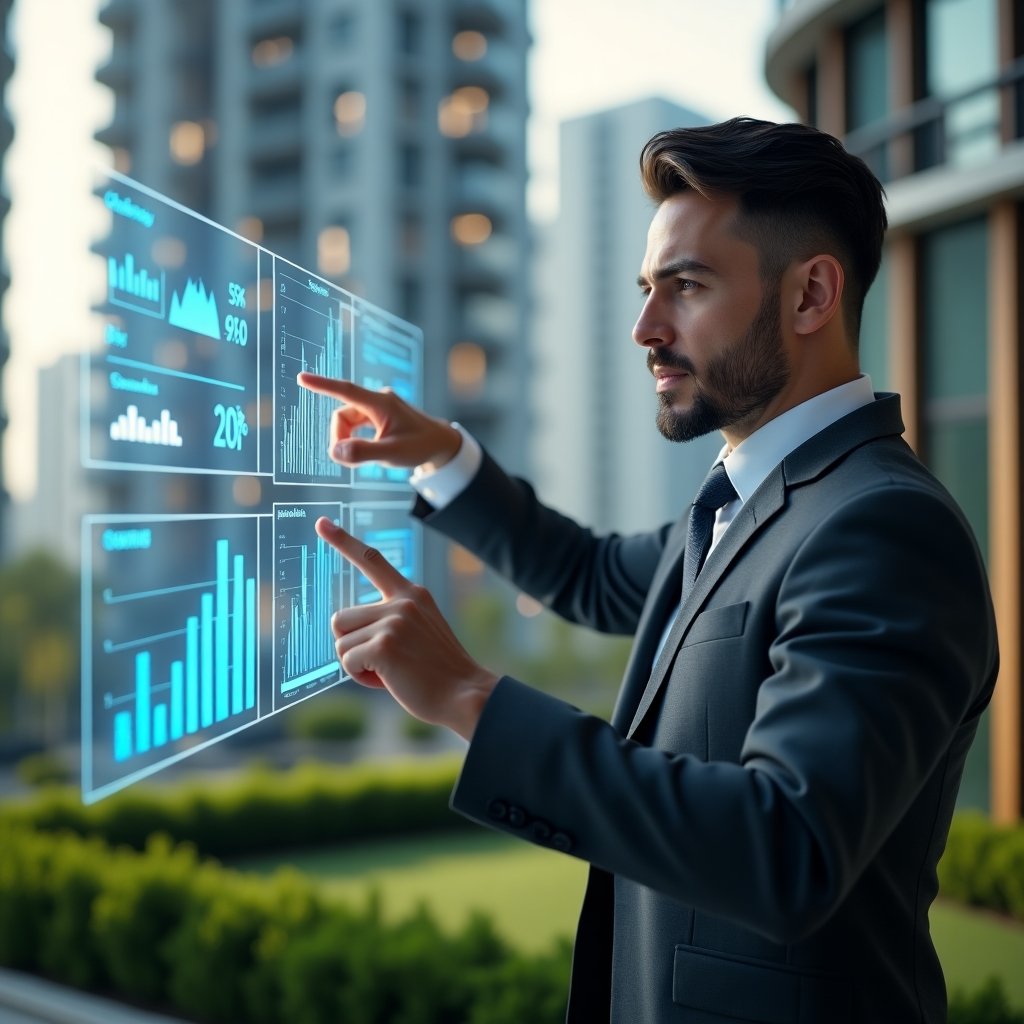 (Ultra-realistic condominium manager in a charcoal gray suit, set in a modern luxury condominium environment with high-rise buildings and manicured green landscaping, close-up midshot of the manager confidently pointing at a floating holographic financial dashboard displaying integrated ordinary and extraordinary expense charts and cost icons, futuristic holographic elements, analytical and confident expression, cinematic lighting, shallow depth of field, highly detailed textures, realistic skin, photographic realism, 8k resolution --ar 1:1 --v 6)