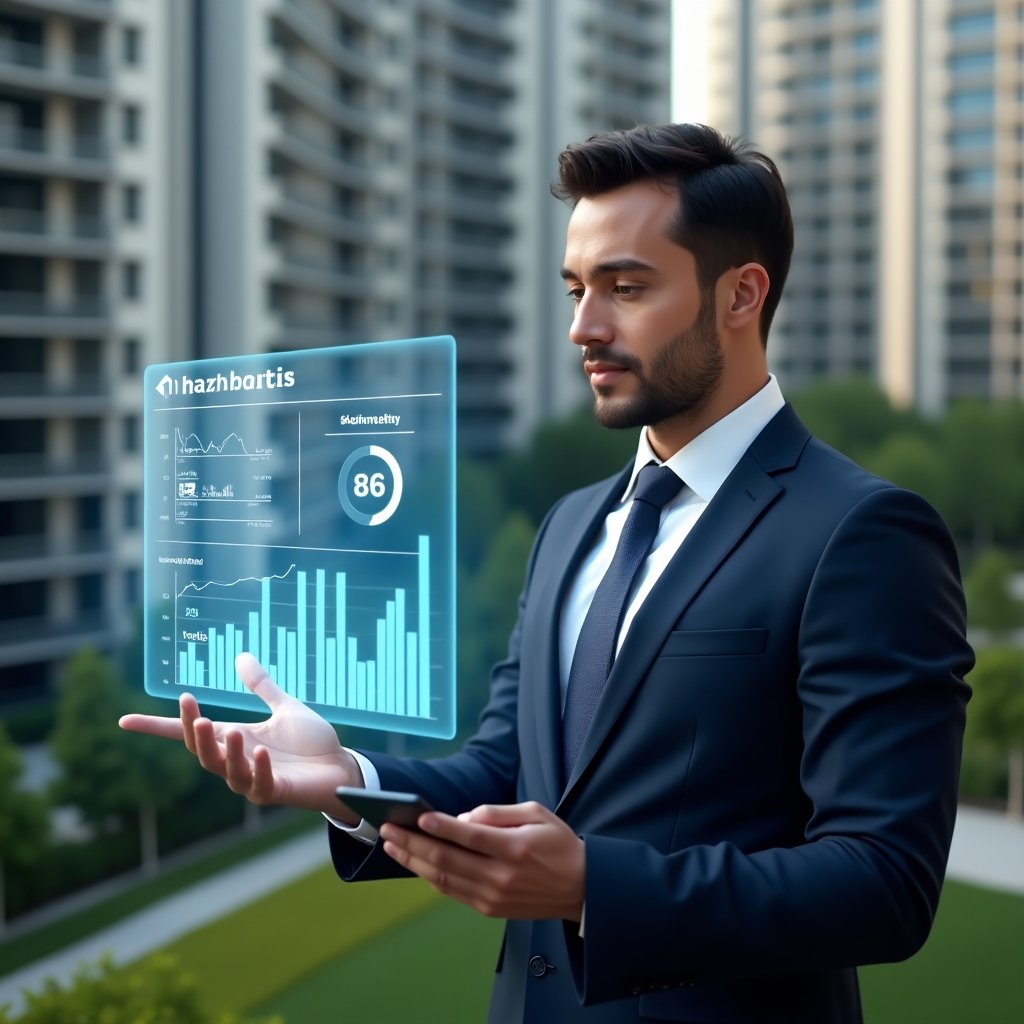 (Ultra-realistic condominium manager in a tailored navy suit, set in a modern luxury condominium environment with high-rise buildings and meticulously landscaped gardens, holding and examining a floating holographic financial dashboard displaying payment charts and delinquency reduction icons, confident expression, cinematic lighting, shallow depth of field, highly detailed textures, realistic skin, photographic realism, 8k resolution --ar 1:1 --v 6)