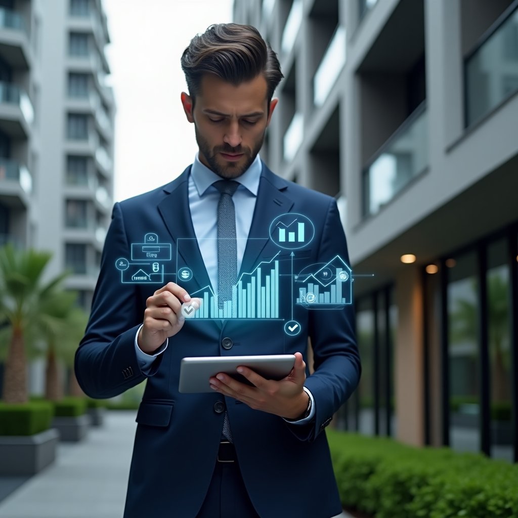 (Ultra-realistic condominium manager in a navy blue tailored suit, set in a modern luxury condominium environment with high-rise buildings and manicured green landscaping, mid shot, confidently interacting with holographic financial charts and data streams projected from a sleek tablet, floating icons of graphs, checkmarks and currency symbols symbolizing transparency and agility, cinematic lighting, shallow depth of field, highly detailed textures, realistic skin, photographic realism, 8k resolution --ar 1:1 --v 6)