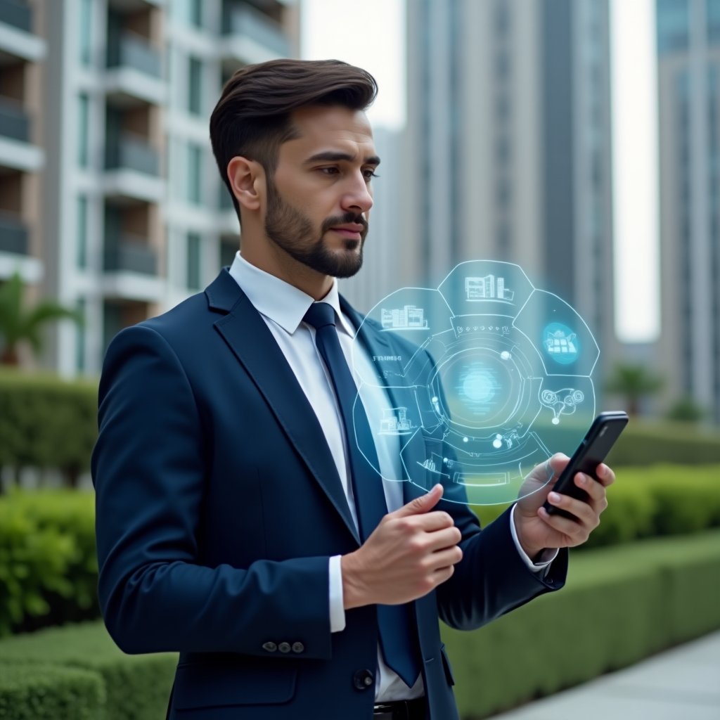 Ultra-realistic condominium manager in a navy blue suit, set in a modern luxury condominium environment with high-rise buildings and manicured green landscaping, holding a smartphone in hand and interacting with a floating holographic condominium management dashboard, confident and focused expression, holographic icons of finances and notifications around the device, cinematic lighting, shallow depth of field, highly detailed textures, realistic skin, photographic realism, 8k resolution --ar 1:1 --v 6