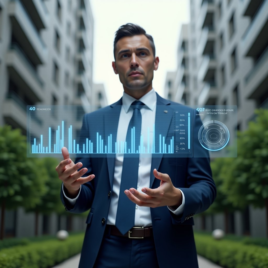 Ultra-realistic condominium manager in a navy business suit, set in a modern luxury condominium environment with high-rise buildings and manicured green landscaping, mid-shot of a confident professional reviewing a holographic financial dashboard with floating bar charts and pie graphs, cinematic lighting, shallow depth of field, highly detailed textures, realistic skin, photographic realism, 8k resolution --ar 1:1 --v 6