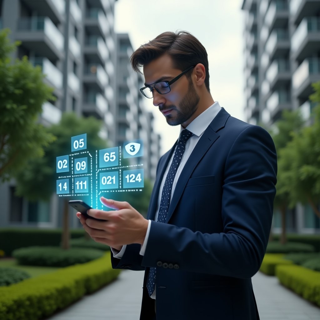 (Ultra-realistic condominium manager in a navy blue suit, set in a modern luxury condominium environment with high-rise buildings and well-manicured green landscaping, checking a holographic schedule interface with floating calendar icons, confident and focused expression, cinematic lighting, shallow depth of field, highly detailed textures, realistic skin, photographic realism, 8k resolution --ar 1:1 --v 6)