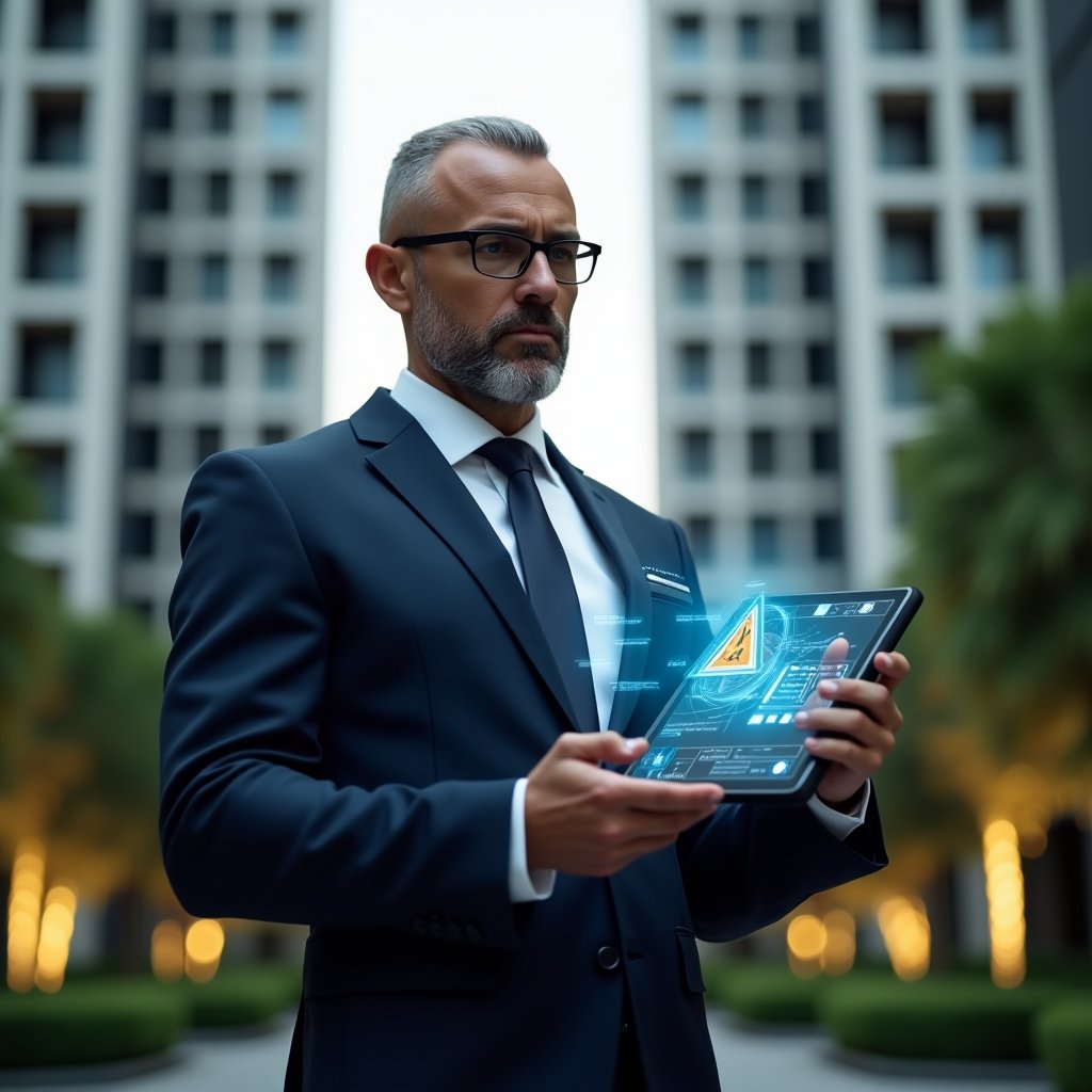 Ultra-realistic condominium manager in a navy executive suit, set in a modern luxury condominium environment with high-rise buildings and manicured green landscaping, holding a tablet displaying glitching app icons and a holographic warning symbol, looking contemplative and concerned, cinematic lighting, shallow depth of field, highly detailed textures, realistic skin, photographic realism, 8k resolution --ar 1:1 --v 6