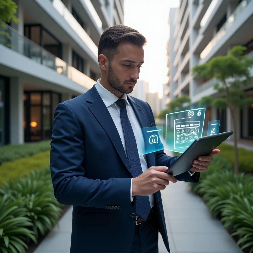 Ultra-realistic condominium manager in a navy blue tailored suit, set in a modern luxury condominium environment with high-rise buildings and manicured green landscaping, holding a tablet projecting a holographic digital schedule with icons for tasks and meetings, confidently analyzing the layout, cinematic lighting, shallow depth of field, highly detailed textures, realistic skin, photographic realism, 8k resolution --ar 1:1 --v 6