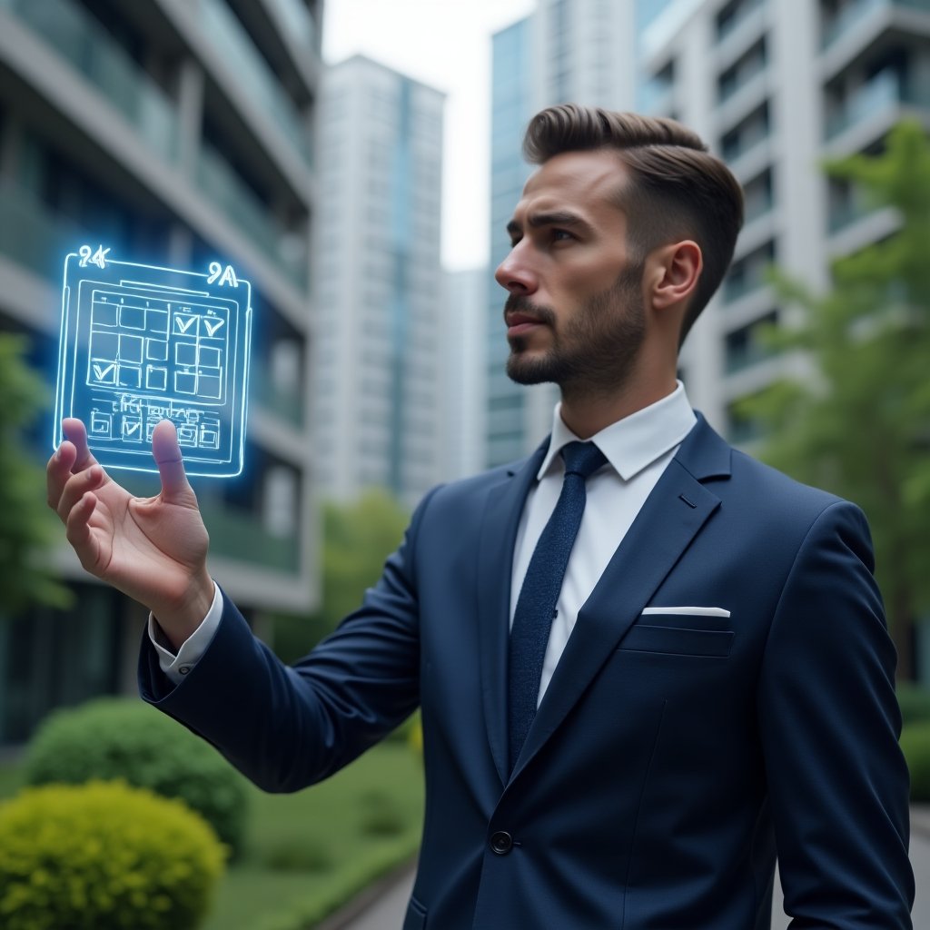 (Ultra-realistic property manager in a navy suit, set in a modern luxury condominium environment with high-rise buildings and lush green landscaping, pointing to a holographic maintenance schedule calendar with glowing check marks, conveying confidence and focus, cinematic lighting, shallow depth of field, highly detailed textures, realistic skin, photographic realism, 8k resolution --ar 1:1 --v 6)