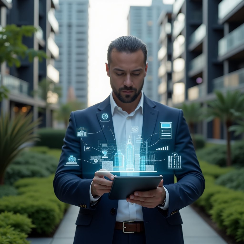 (Ultra-realistic condominium manager in a tailored navy suit, set in a modern luxury condominium environment with high-rise buildings and manicured green landscaping, mid-shot holding a tablet displaying a holographic interface of building icons and notification charts, confidently tapping on the screen to avoid management errors, floating symbols of alerts and financial graphs around them, cinematic lighting, shallow depth of field, highly detailed textures, realistic skin, photographic realism, 8k resolution --ar 1:1 --v 6)