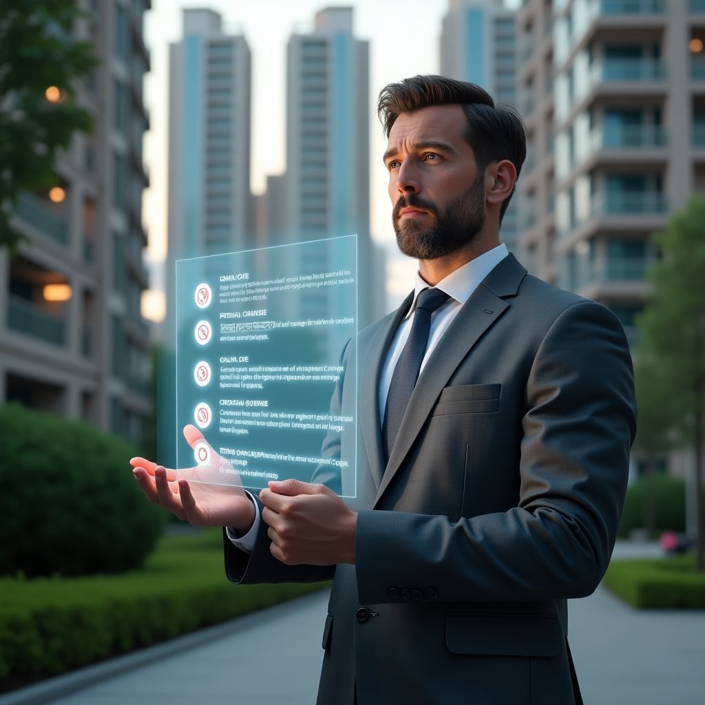 Ultra-realistic condominium manager in a charcoal gray suit, set in a modern luxury condominium environment with high-rise buildings and green landscaping, holding a semi-transparent holographic checklist of common management errors and corrective actions, pointing thoughtfully at glowing error icons and solution symbols, cinematic lighting, shallow depth of field, highly detailed textures, realistic skin, photographic realism, 8k resolution --ar 1:1 --v 6