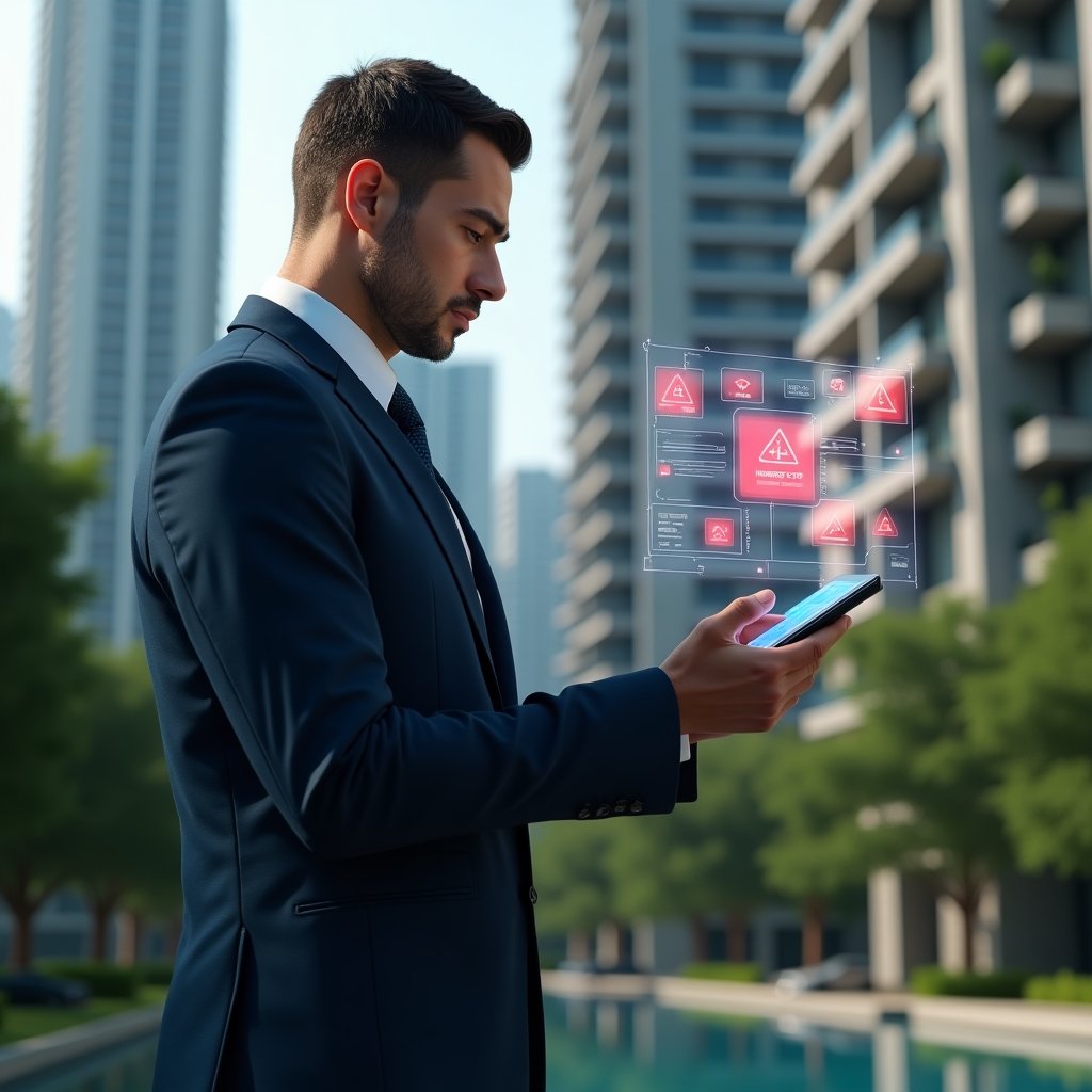 Ultra-realistic property manager in a navy suit, set in a modern luxury condominium environment with high-rise buildings and meticulously landscaped greenery, analyzing a floating holographic condominium management app interface with red warning icons and checklists, projecting confidence and focus, cinematic lighting, shallow depth of field, highly detailed textures, realistic skin, photographic realism, 8k resolution --ar 1:1 --v 6