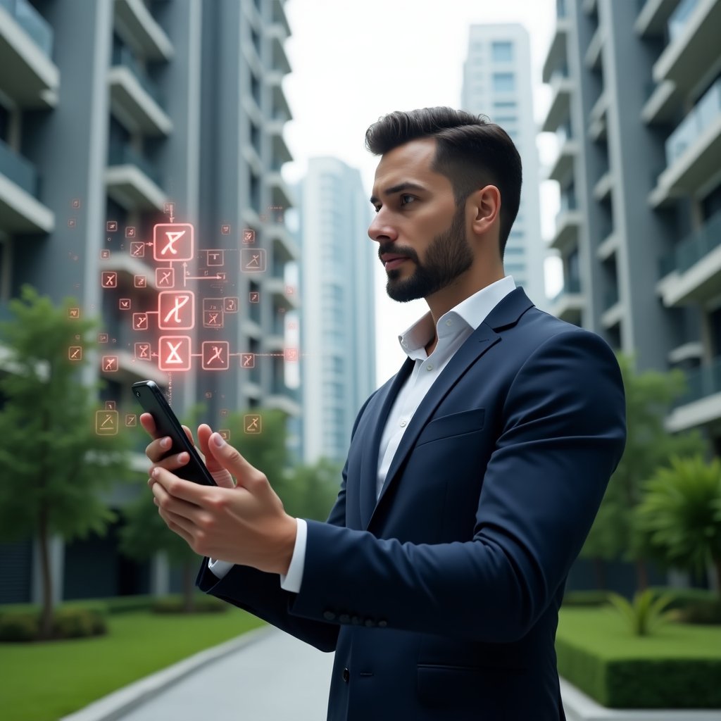 Ultra-realistic condominium manager in a tailored navy suit, set in a modern luxury condominium environment with high-rise buildings and manicured green landscaping, analyzing a holographic checklist of common app errors with red warning icons floating around, digital interface overlay showing a condo management app screen, confident yet focused expression, cinematic lighting, shallow depth of field, highly detailed textures, realistic skin, photographic realism, 8k resolution --ar 1:1 --v 6