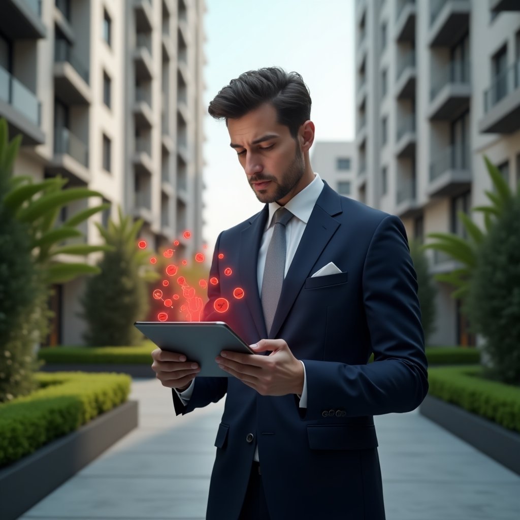 (Ultra-realistic condominium manager in a tailored navy suit, set in a modern luxury condominium environment with high-rise buildings and manicured green landscaping, reviewing a digital tablet with a concerned expression as red holographic warning icons float around the screen, cinematic lighting, shallow depth of field, highly detailed textures, realistic skin, photographic realism, 8k resolution --ar 1:1 --v 6)
