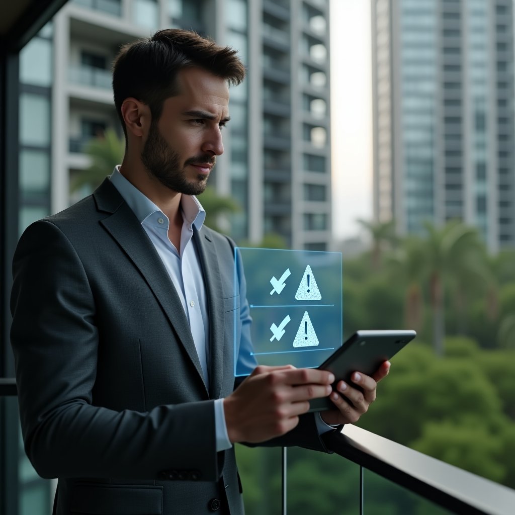 Ultra-realistic condominium manager in a dark gray executive suit, set in a modern luxury condominium environment with high-rise buildings and lush green landscaping, holding a tablet displaying a holographic checklist with warning icons, examining the screen with a focused and confident expression, cinematic lighting, shallow depth of field, highly detailed textures, realistic skin, photographic realism, 8k resolution --ar 1:1 --v 6