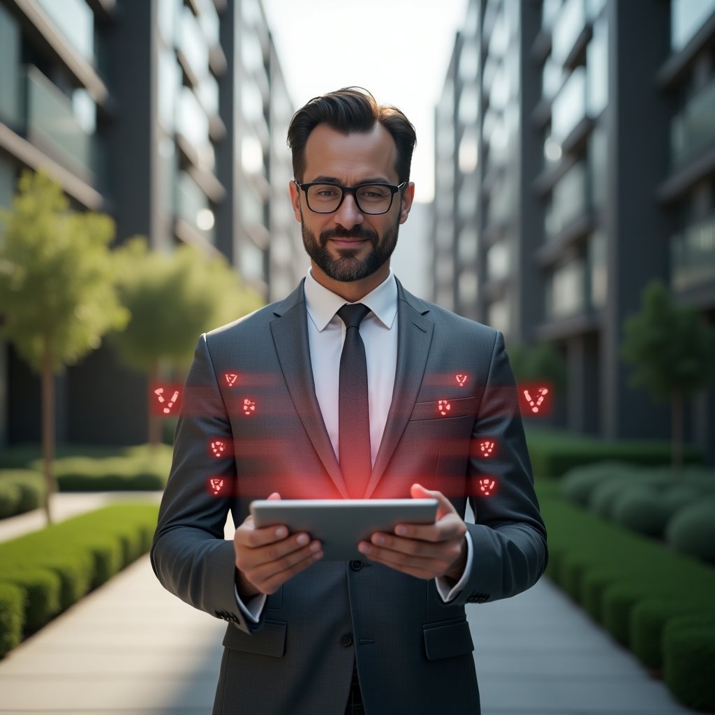 Ultra-realistic condominium manager in a charcoal gray tailored suit, set in a modern luxury condominium environment with high-rise buildings and manicured green landscaping, mid shot of a confident professional holding a tablet displaying a holographic condo management app interface with red warning icons symbolizing common errors, cinematic lighting, shallow depth of field, highly detailed textures, realistic skin, photographic realism, 8k resolution --ar 1:1 --v 6