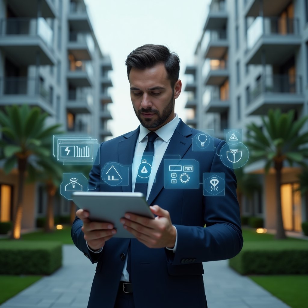 (Ultra-realistic property manager in a navy executive suit, set in a modern luxury condominium environment with high-rise buildings and manicured green landscaping, holding a digital tablet displaying holographic warning icons, financial charts, security camera symbols and community chat bubbles, analyzing error reports with a focused, confident expression, cinematic lighting, shallow depth of field, highly detailed textures, realistic skin, photographic realism, 8k resolution --ar 1:1 --v 6)