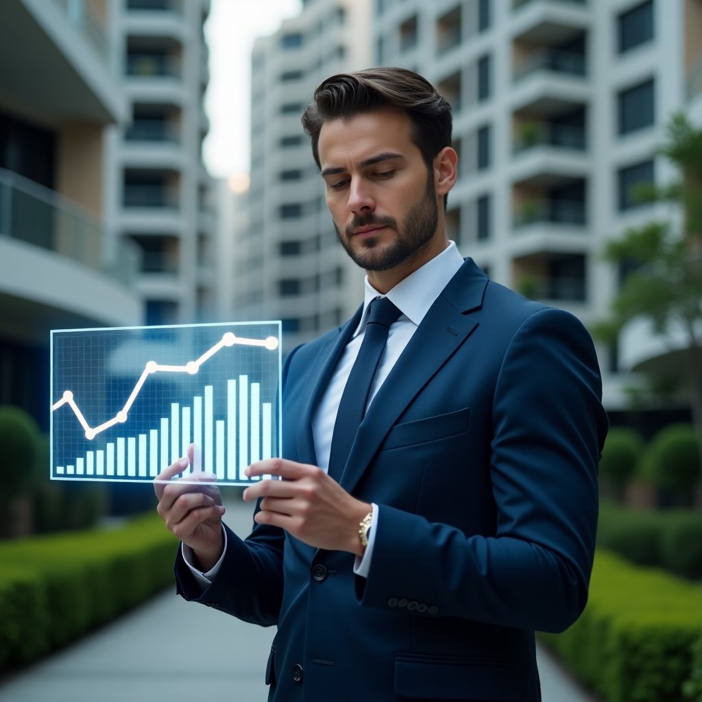 Ultra-realistic condominium manager in a dark blue tailored suit, set in a modern luxury condominium environment with high-rise buildings and manicured green landscaping, analyzing a holographic financial report with rising and falling charts, a transparent ledger hologram floating beside him, confident and focused expression, cinematic lighting, shallow depth of field, highly detailed textures, realistic skin, photographic realism, 8k resolution --ar 1:1 --v 6
