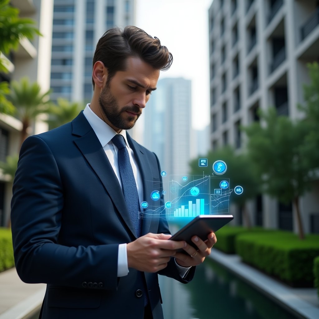 Ultra-realistic property manager in a tailored navy suit, set in a modern luxury condominium environment with high-rise buildings and lush green landscaping, holding a digital tablet displaying holographic financial charts while reviewing accounting data with a focused, confident expression, floating transparent icons of ledgers and graphs around them, cinematic lighting, shallow depth of field, highly detailed textures, realistic skin, photographic realism, 8k resolution --ar 1:1 --v 6