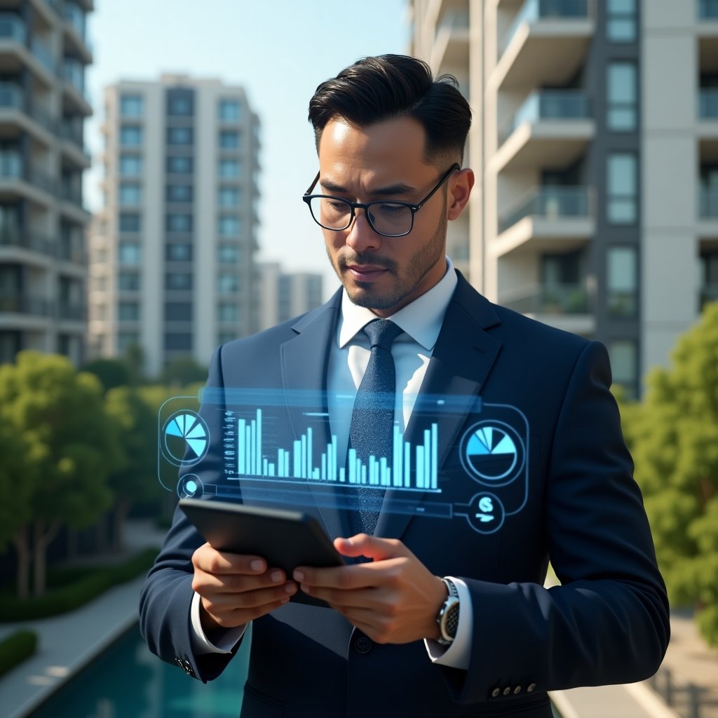 (Ultra-realistic condominium manager in a dark blue suit, set in a modern luxury condominium environment with high-rise buildings and lush green landscaping, reviewing a holographic financial report with floating 3D pie charts and ledger icons around them, focused and confident expression, cinematic lighting, shallow depth of field, highly detailed textures, realistic skin, photographic realism, 8k resolution --ar 1:1 --v 6)