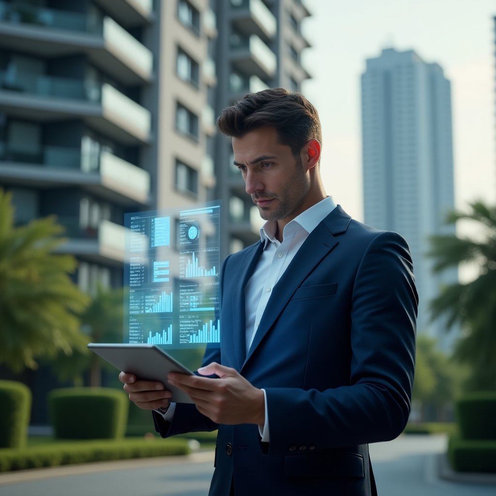 Ultra-realistic condominium manager in a navy executive suit, set in a modern luxury condominium environment with high-rise buildings and meticulously cared green landscaping, close-up of the manager reviewing holographic financial charts and documents with a confident, focused expression, floating icons of ledgers and graphs symbolizing transparency and accounting accuracy, cinematic lighting, shallow depth of field, highly detailed textures, realistic skin, photographic realism, 8k resolution --ar 1:1 --v 6