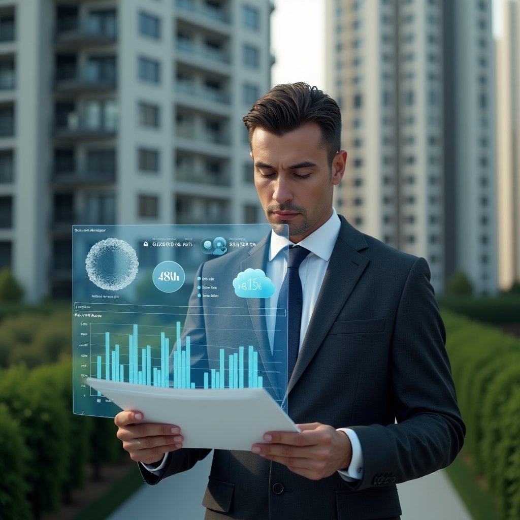 (Ultra-realistic condominium manager in a dark gray suit, set in a modern luxury condominium environment with high-rise buildings and green landscaping, reviewing a holographic financial report with floating charts and graphs, confident and focused expression, cinematic lighting, shallow depth of field, highly detailed textures, realistic skin, photographic realism, 8k resolution --ar 1:1 --v 6)