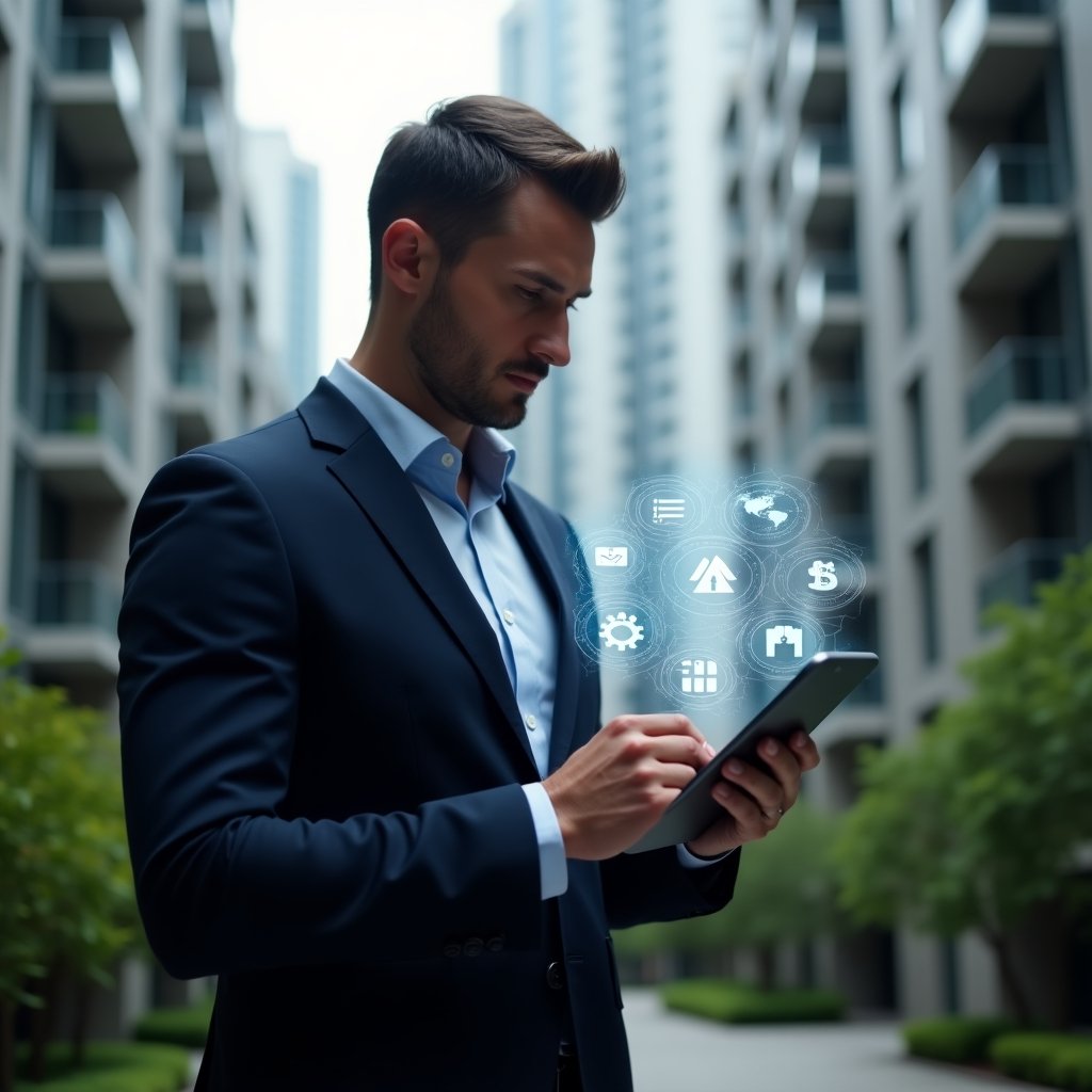 Ultra-realistic condominium manager in a dark navy suit, set in a modern luxury condominium environment with high-rise buildings and manicured greenery, holding a tablet and examining holographic icons of alerts, charts, and gears floating above the screen, focused and confident expression, cinematic lighting, shallow depth of field, highly detailed textures, realistic skin, photographic realism, 8k resolution --ar 1:1 --v 6