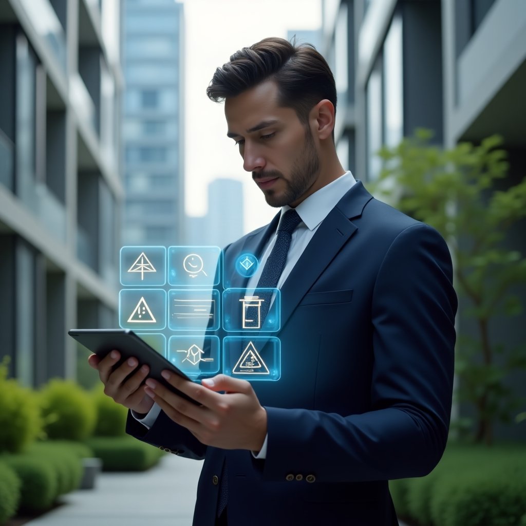 Ultra-realistic condominium manager in a navy executive suit, set in a modern luxury condominium environment with high-rise buildings and lush green landscaping, mid-shot holding a tablet displaying floating holographic icons of a condo management app with warning signs and digital checklists, thoughtful and focused expression, cinematic lighting, shallow depth of field, highly detailed textures, realistic skin, photographic realism, 8k resolution --ar 1:1 --v 6