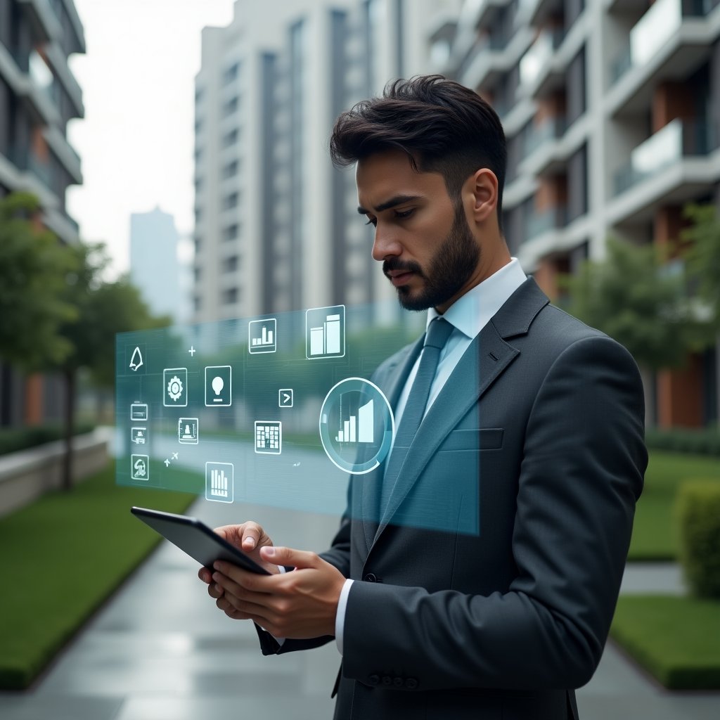 (Ultra-realistic condominium manager in a charcoal gray suit, set in a modern luxury condominium environment with high-rise buildings and manicured green lawns, mid-shot of a thoughtful property manager holding a tablet displaying holographic app icons and charts, interactive holographic interface with warning symbols and analytics floating around, cinematic lighting, shallow depth of field, highly detailed textures, realistic skin, photographic realism, 8k resolution --ar 1:1 --v 6)