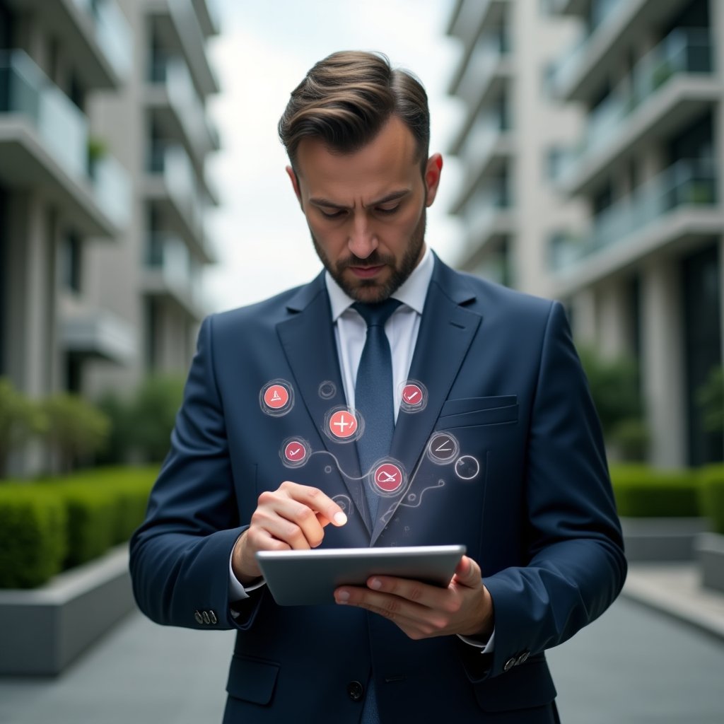 (Ultra-realistic condominium manager in a tailored navy executive suit, set in a modern luxury condominium environment with high-rise buildings and manicured green landscaping, holding a tablet displaying floating holographic app icons with red warning symbols and checkmarks, tapping the screen as if reviewing errors, expression thoughtful and determined, cinematic lighting, shallow depth of field, highly detailed textures, realistic skin, photographic realism, 8k resolution --ar 1:1 --v 6)