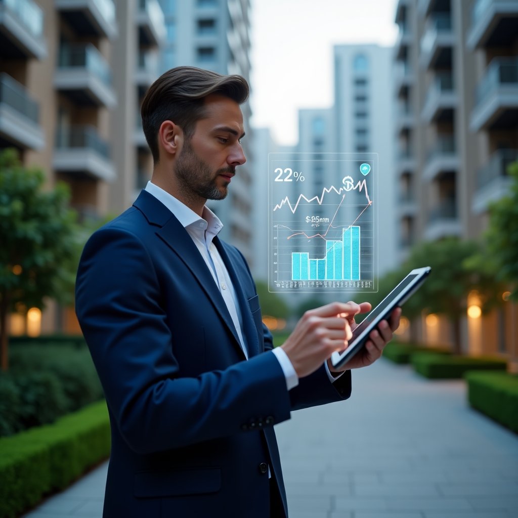 (Ultra-realistic condominium manager in a navy blue suit, set in a modern luxury condominium environment with high-rise buildings and manicured green landscaping, holding a tablet and reviewing holographic budget projections with floating financial graphs and money-saving icons, expression focused and confident, cinematic lighting, shallow depth of field, highly detailed textures, realistic skin, photographic realism, 8k resolution --ar 1:1 --v 6)