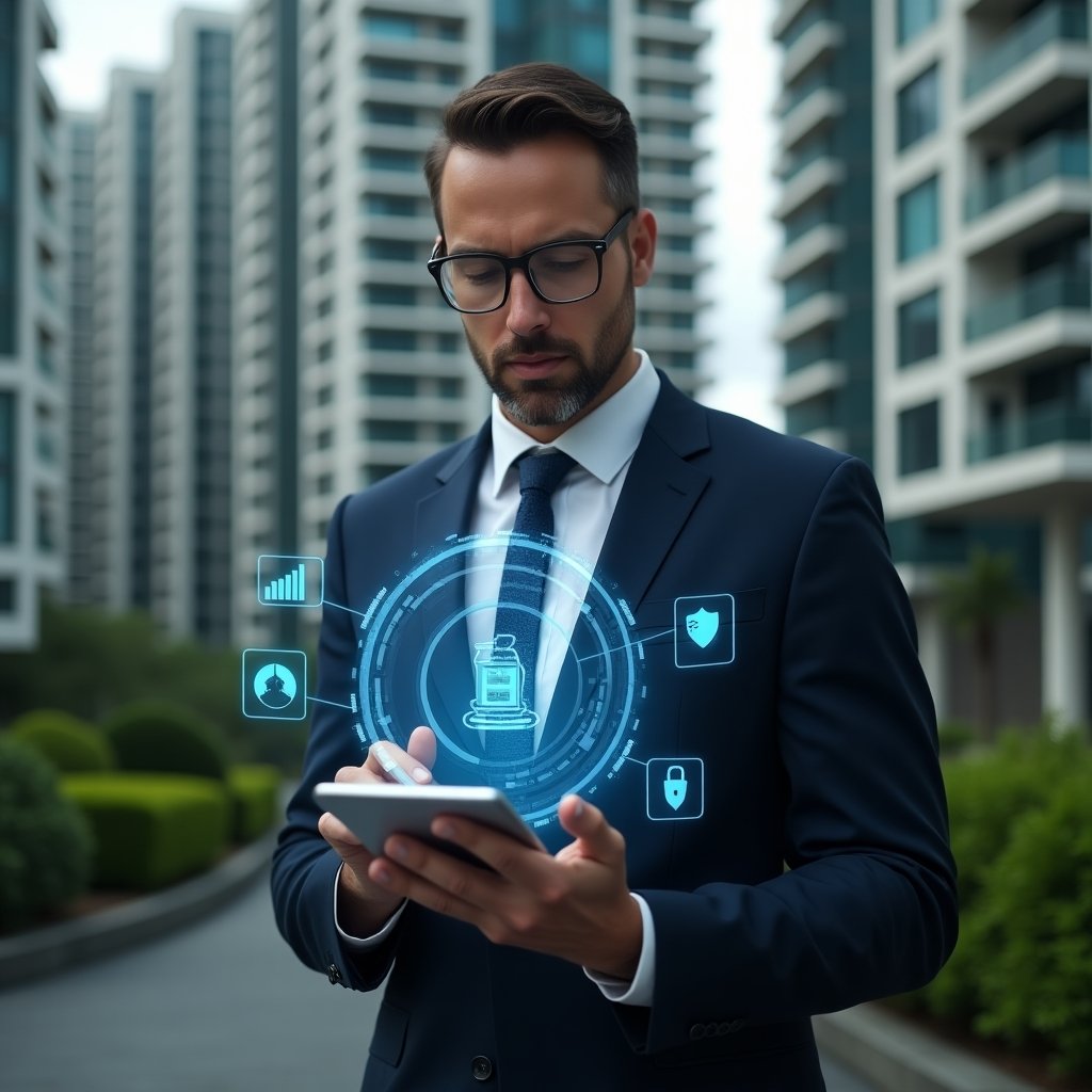 (Ultra-realistic condominium manager in a tailored navy suit, set in a modern luxury condominium environment with high-rise buildings and lush green landscaping, holding a sleek tablet displaying floating holographic icons of finance charts, chat bubbles, and security shields – confidently analyzing the data, cinematic lighting, shallow depth of field, highly detailed textures, realistic skin, photographic realism, 8k resolution --ar 1:1 --v 6)