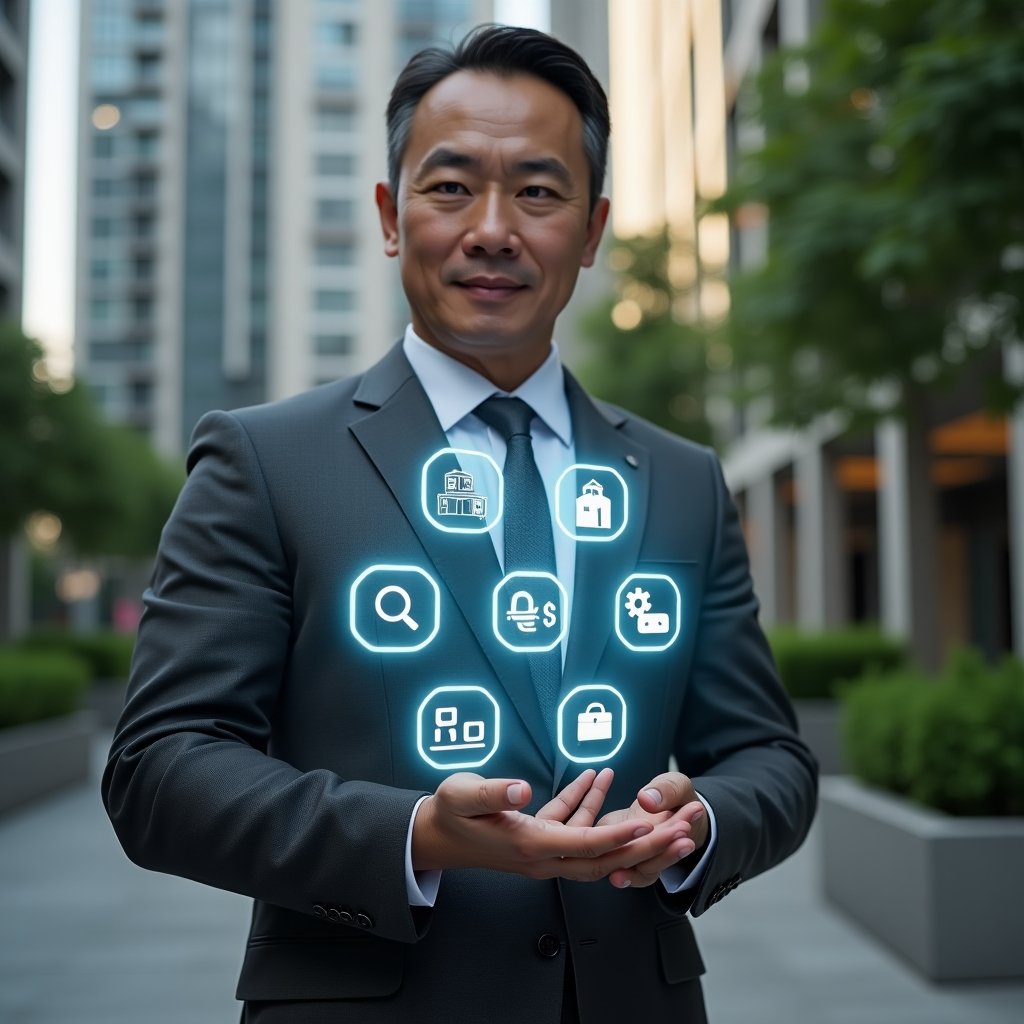 Ultra-realistic condominium property manager in a charcoal gray business suit, set in a modern luxury condominium environment with high-rise buildings and manicured green gardens, holding and interacting with a holographic interface displaying seven floating icons representing access control, maintenance, communication, finance, space booking, supplier integration, and analytics, confident and focused expression, cinematic lighting, shallow depth of field, highly detailed textures, realistic skin, photographic realism, 8k resolution --ar 1:1 --v 6