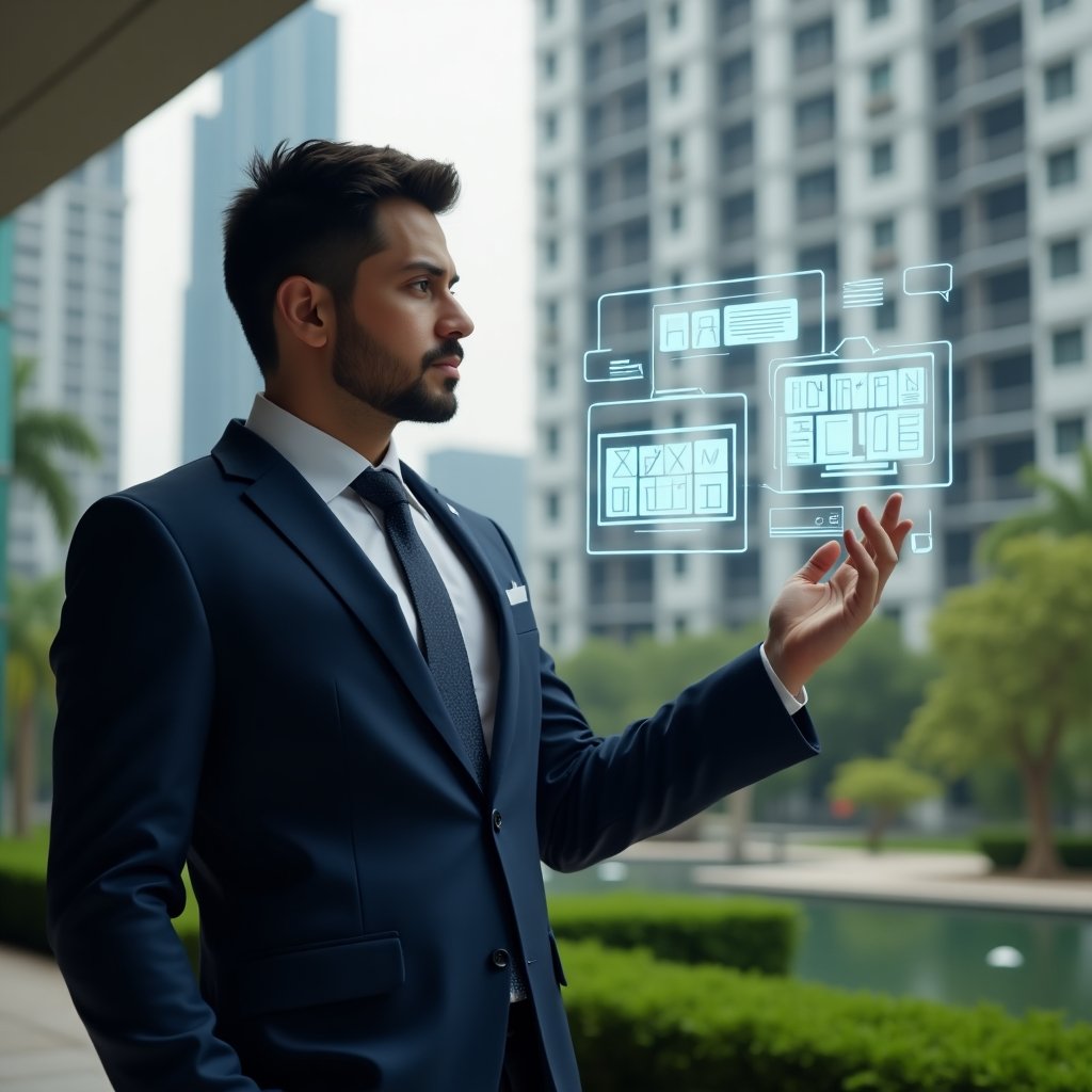 Ultra-realistic condominium manager in a tailored navy suit, set in a modern luxury condominium environment with high-rise buildings and manicured green landscaping, interacting with a floating holographic interface displaying chat bubbles, calendar bookings, financial charts and space reservation icons, looking confident and focused, cinematic lighting, shallow depth of field, highly detailed textures, realistic skin, photographic realism, 8k resolution --ar 1:1 --v 6
