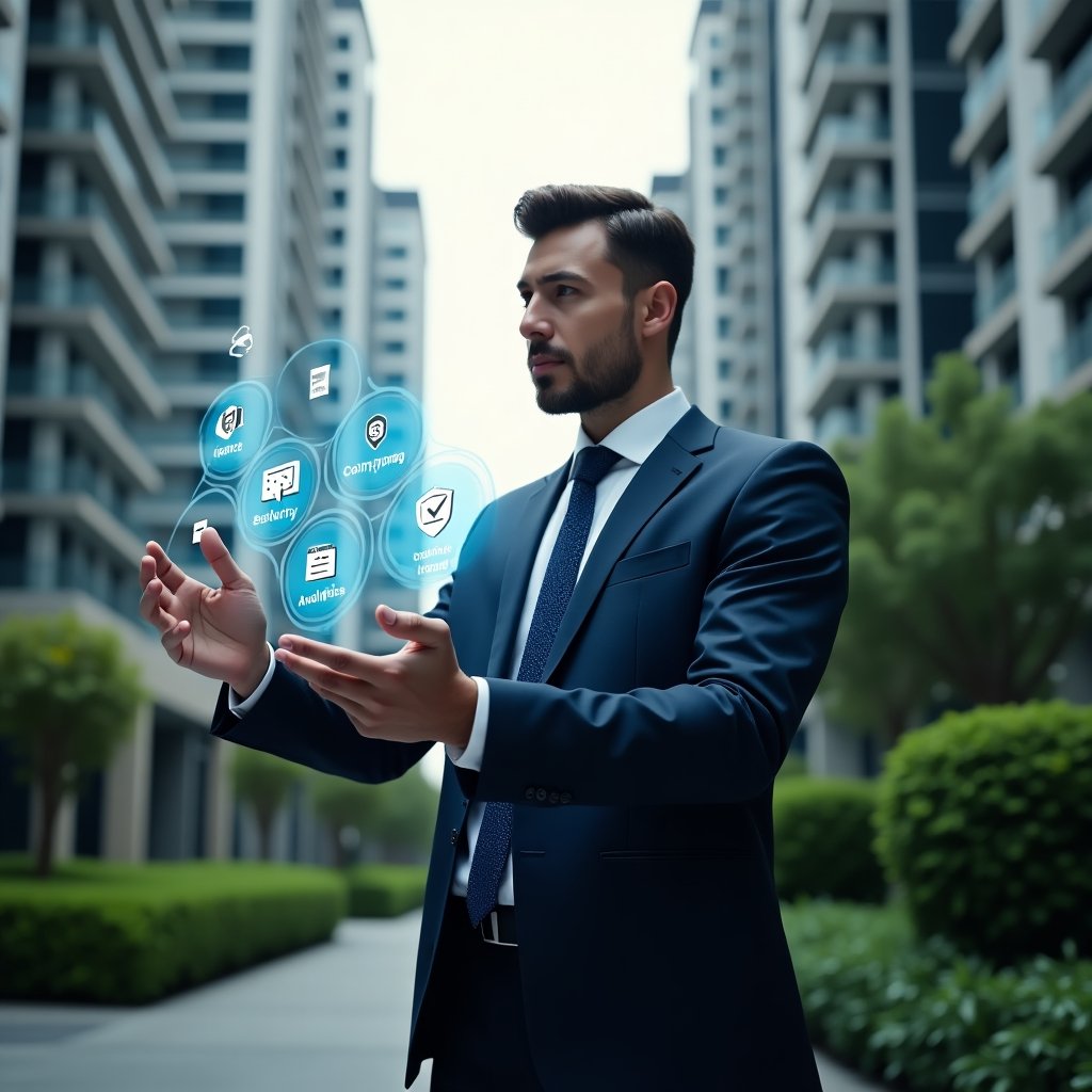 Ultra-realistic condominium manager in a tailored navy suit, set in a modern luxury condominium environment with high-rise buildings and lush green landscaping, confidently interacting with a floating holographic interface displaying icons for finance, communication, booking, security, maintenance, voting, and analytics, cinematic lighting, shallow depth of field, highly detailed textures, realistic skin, photographic realism, 8k resolution --ar 1:1 --v 6