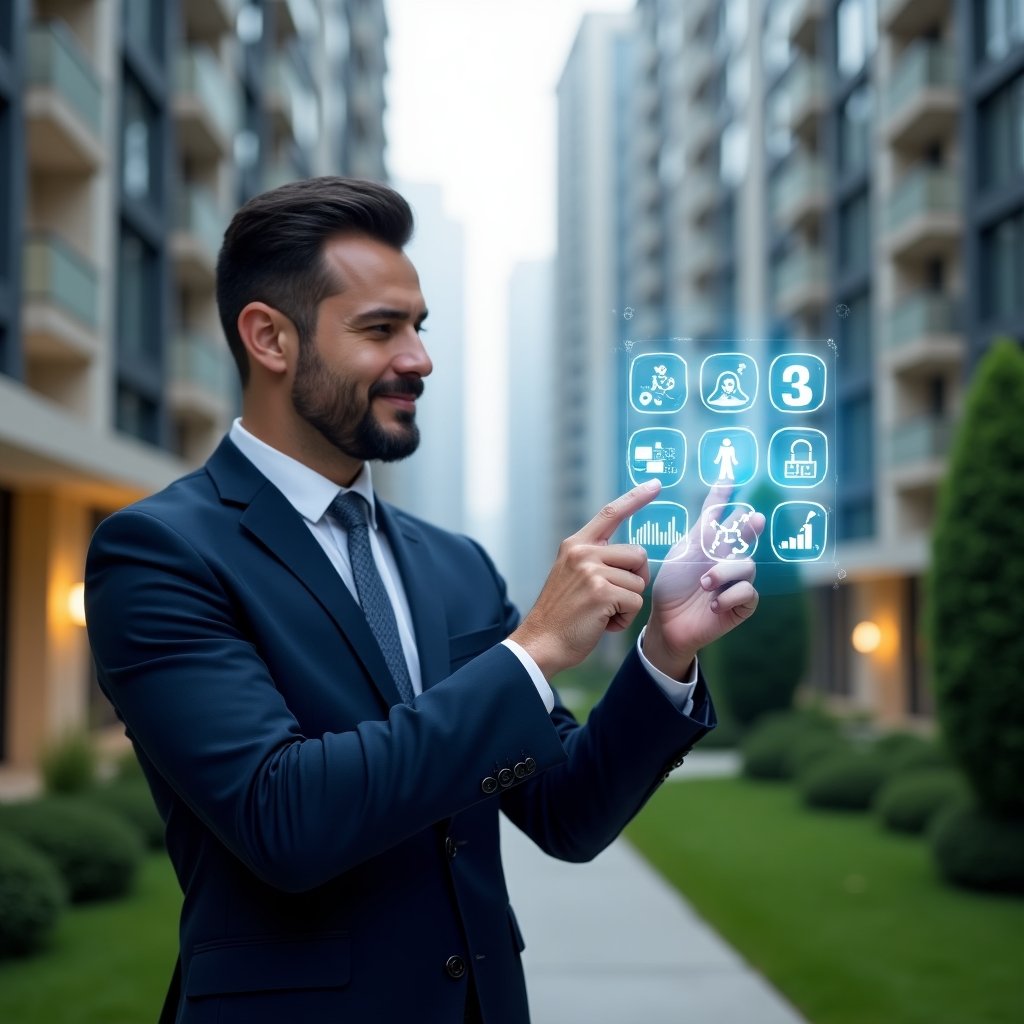 Ultra-realistic property manager in a dark blue suit, set in a modern luxury condominium environment with high-rise buildings and lush green landscaping, holding a transparent holographic touchscreen displaying seven app icons representing communication, space booking, billing, maintenance, access control, reporting and system integration, confidently tapping one icon with a slight smile, floating data charts and app symbols around, cinematic lighting, shallow depth of field, highly detailed textures, realistic skin, photographic realism, 8k resolution --ar 1:1 --v 6