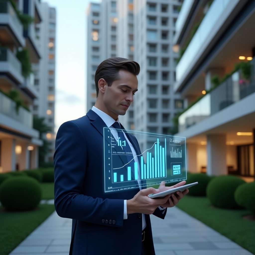 Ultra-realistic condominium manager in a navy blue suit, set in a modern luxury condominium environment with high-rise buildings and manicured green landscaping, confidently analyzing a holographic financial dashboard projected above a tablet, surrounded by floating icons of charts, invoices and digital ledgers symbolizing automated accounting, cinematic lighting, shallow depth of field, highly detailed textures, realistic skin, photographic realism, 8k resolution --ar 1:1 --v 6