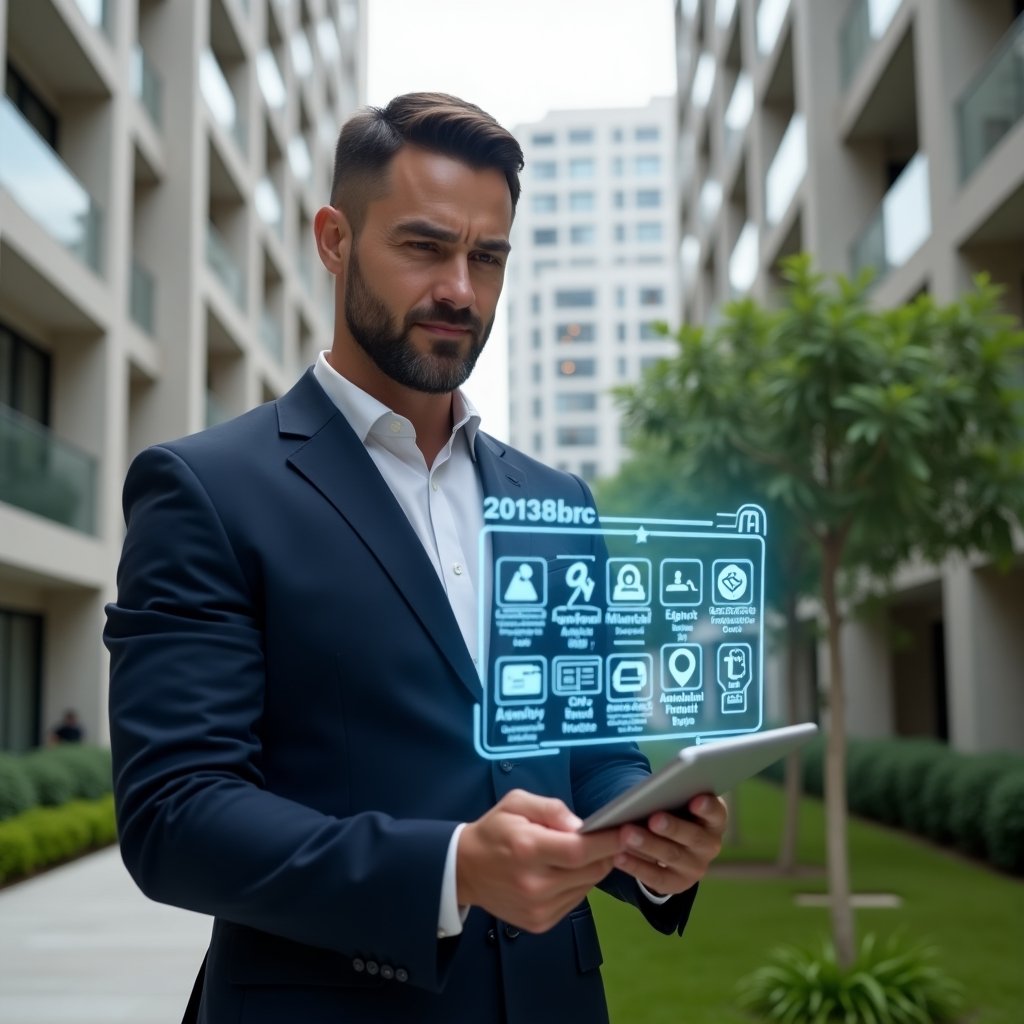 Ultra-realistic condominium manager in a navy blue suit, set in a modern luxury condominium environment with high-rise buildings and meticulously landscaped gardens, holding a digital tablet and reviewing a holographic calendar overlay displaying maintenance, assembly and inspection icons, confident and focused expression, cinematic lighting, shallow depth of field, highly detailed textures, realistic skin, photographic realism, 8k resolution ––ar 1:1 ––v 6