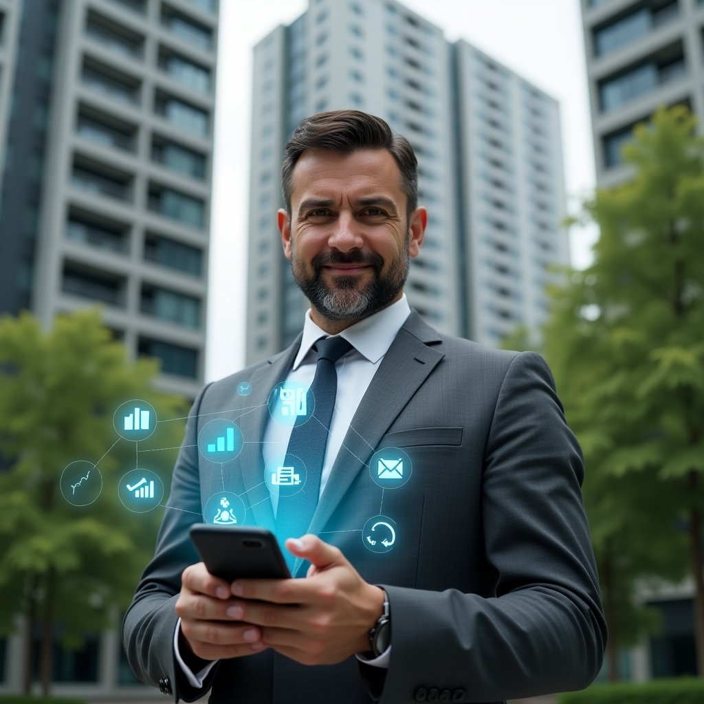 (Ultra-realistic condominium manager in a charcoal gray executive suit, set in a modern luxury condominium environment with high-rise buildings and lush green landscaping, holding a smartphone displaying holographic icons of financial graphs, chat bubbles, access control, calendar bookings, maintenance tools, dashboards and documents, confident and focused expression, cinematic lighting, shallow depth of field, highly detailed textures, realistic skin, photographic realism, 8k resolution --ar 1:1 --v 6)