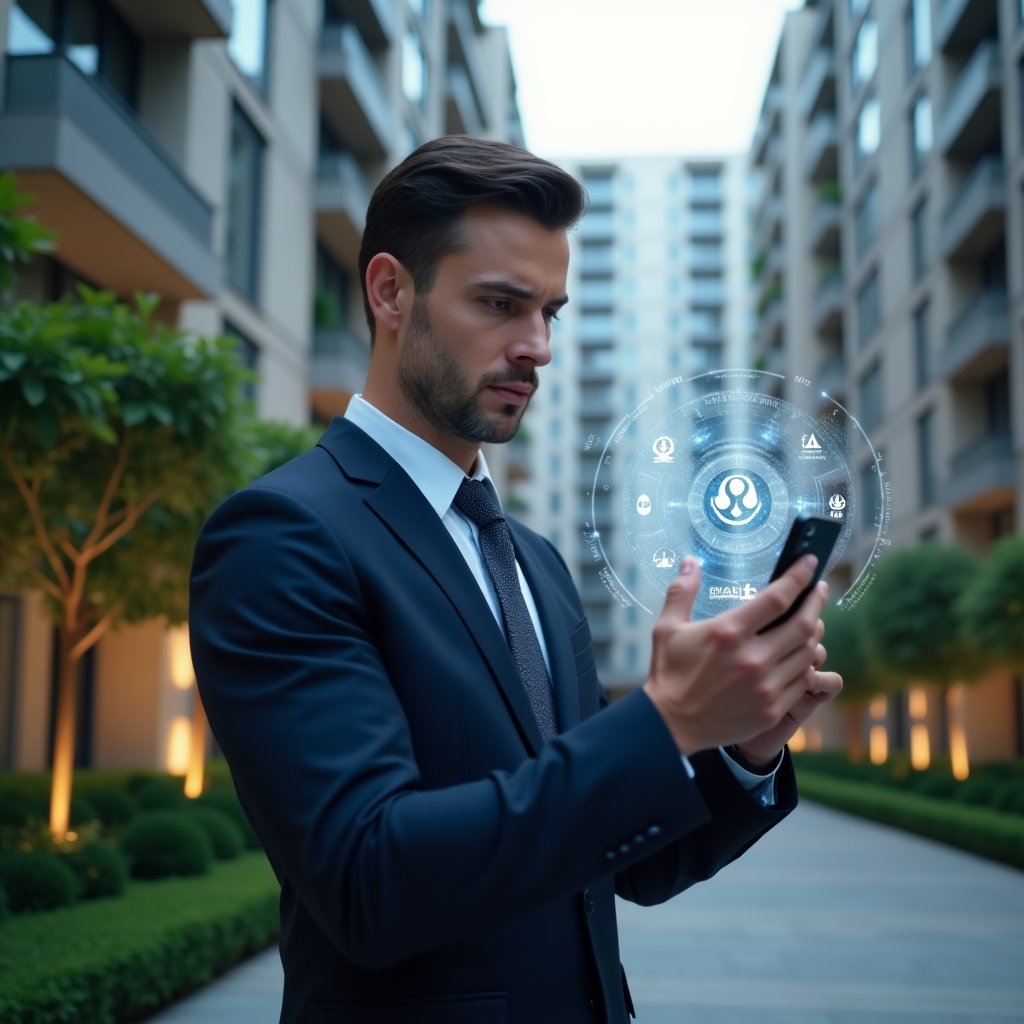 Ultra-realistic property manager in a navy blue suit, set in a modern luxury condominium environment with high-rise buildings and well-manicured greenery, holding a transparent holographic smartphone display showing warning icons and glitch effects, analyzing the unstable interface with a concerned expression, cinematic lighting, shallow depth of field, highly detailed textures, realistic skin, photographic realism, 8k resolution --ar 1:1 --v 6
