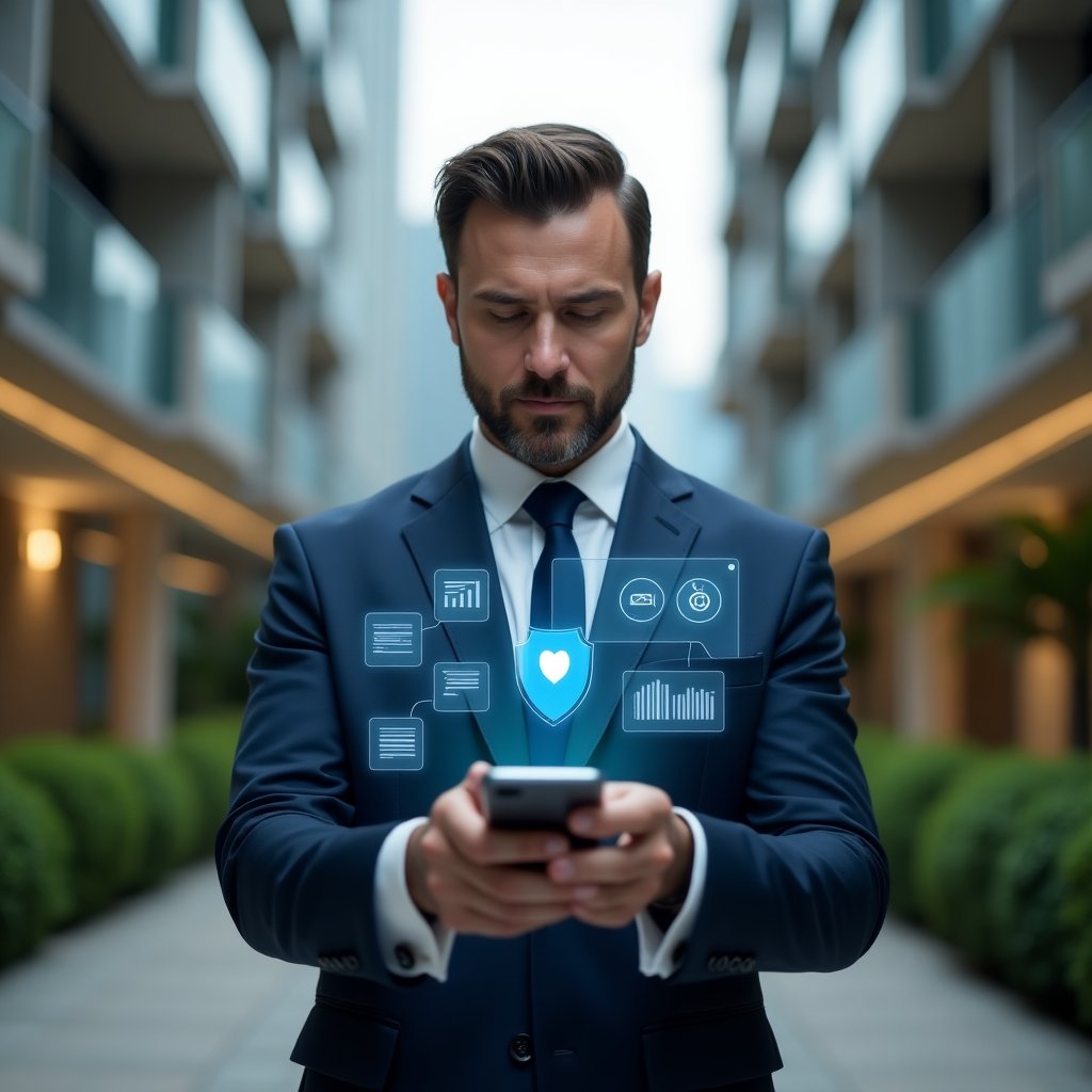 (Ultra-realistic condominium manager in a dark blue executive suit, set in a modern luxury condominium environment with high-rise buildings and manicured green spaces, holding a holographic smartphone interface displaying chat bubbles, financial graphs and a security shield icon, confident and focused expression, cinematic lighting, shallow depth of field, highly detailed textures, realistic skin, photographic realism, 8k resolution --ar 1:1 --v 6)
