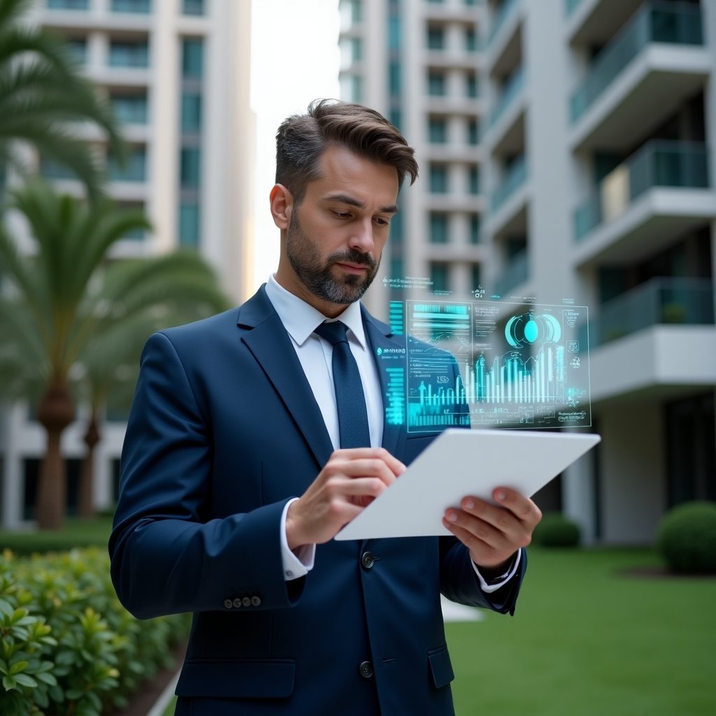 (Ultra-realistic property manager in a tailored navy suit, set in a modern luxury condominium environment with high-rise buildings and manicured green landscaping, medium close-up of a confident professional analyzing a floating holographic financial report with colorful chart and graph icons, cinematic lighting, shallow depth of field, highly detailed textures, realistic skin, photographic realism, 8k resolution --ar 1:1 --v 6)
