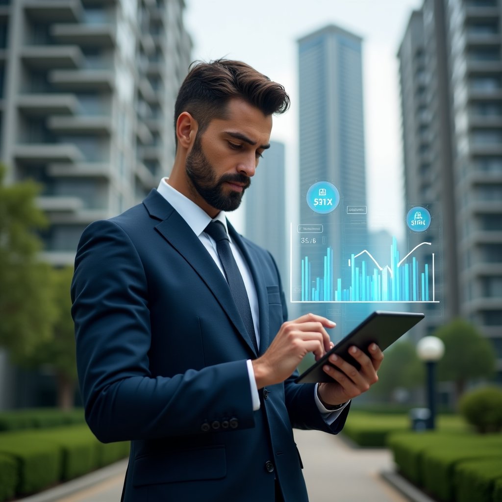 Ultra-realistic condominium manager in a tailored dark blue suit, set in a modern luxury condominium environment with high-rise buildings and manicured green landscaping, holding a digital tablet and reviewing holographic financial charts, confident expression, floating transparent graphs and ledger icons around them to symbolize clear and complete reporting, cinematic lighting, shallow depth of field, highly detailed textures, realistic skin, photographic realism, 8k resolution --ar 1:1 --v 6