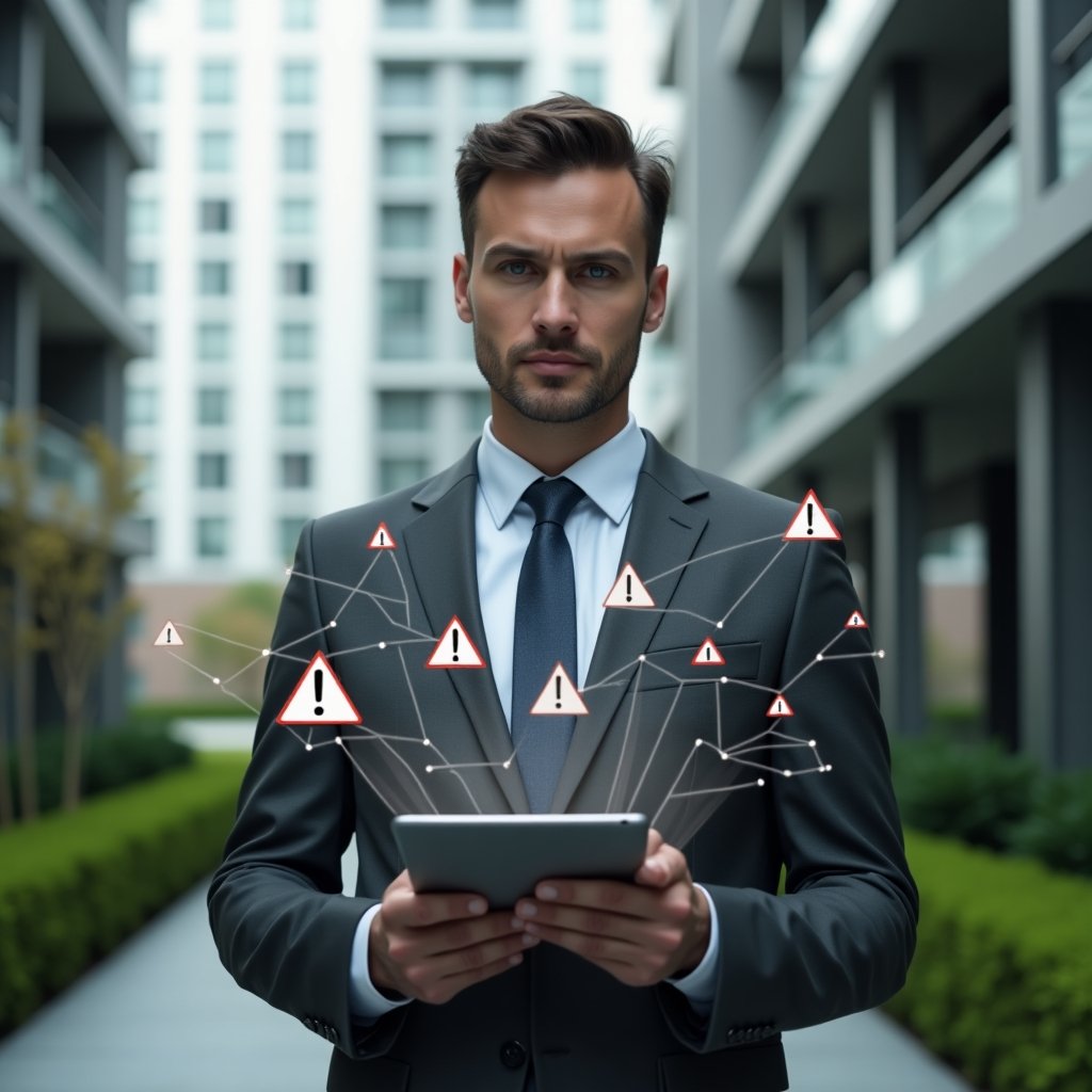 (Ultra-realistic condominium manager in a charcoal gray tailored suit, set in a modern luxury condominium environment with high-rise buildings and manicured green landscaping, holding a digital tablet and analyzing floating holographic icons of warning triangles and check marks representing common administrative errors and solutions, confident and focused expression, cinematic lighting, shallow depth of field, highly detailed textures, realistic skin, photographic realism, 8k resolution --ar 1:1 --v 6)
